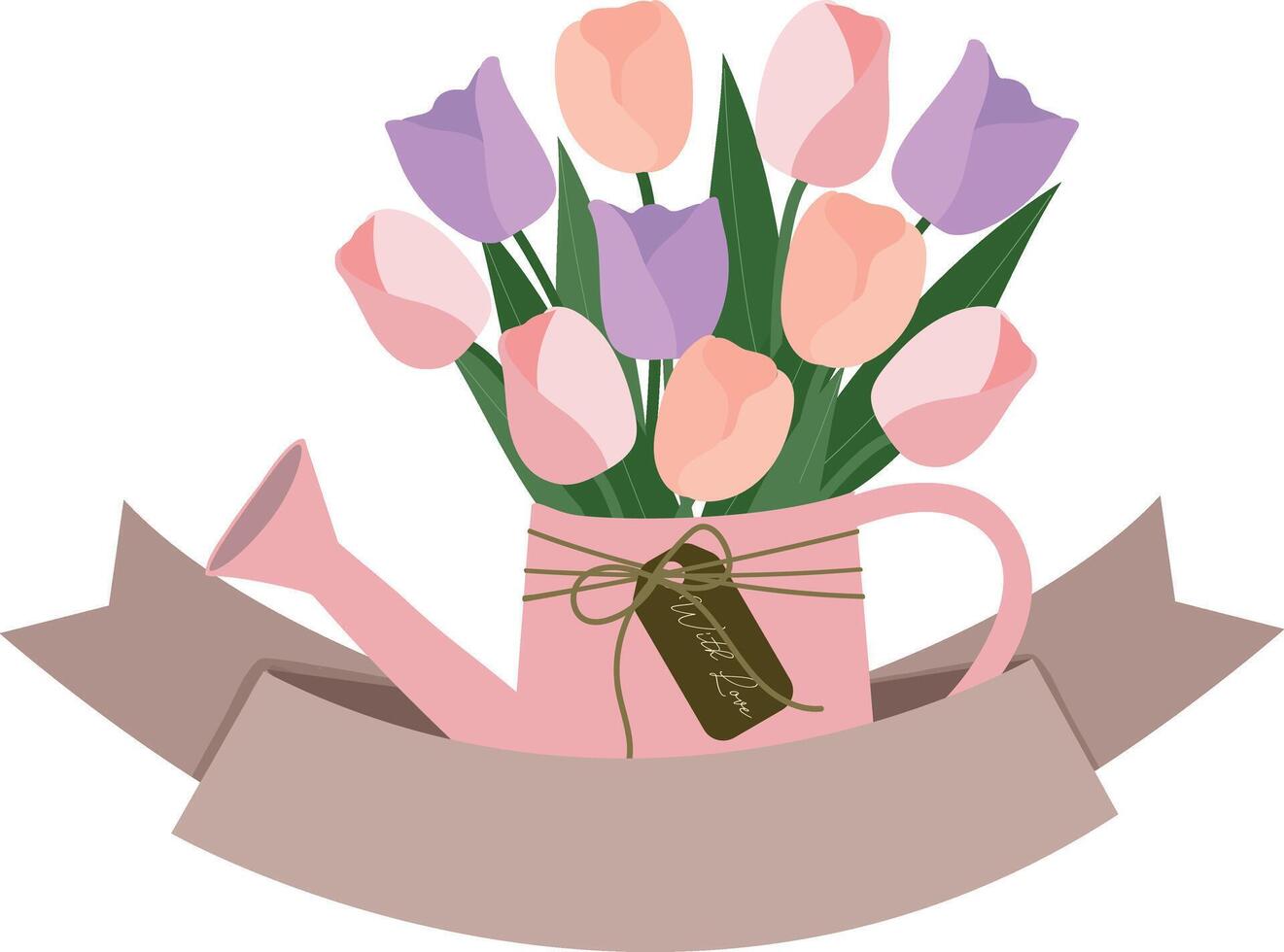 Tulpe Blumen Strauß im Bewässerung können mit Band Banner Clip Art Hand gezeichnet Illustration zum schmücken Einladung Gruß Geburtstag Party Feier Hochzeit Karte Poster Banner Hintergrund vektor