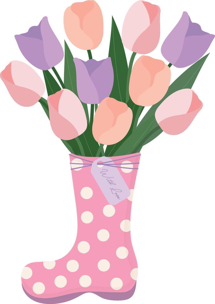 söt pastell tulpaner blommor bukett i känga hand dragen ClipArt element illustration för inbjudan hälsning födelsedag fest firande bröllop kort affisch baner tapet bakgrund vektor