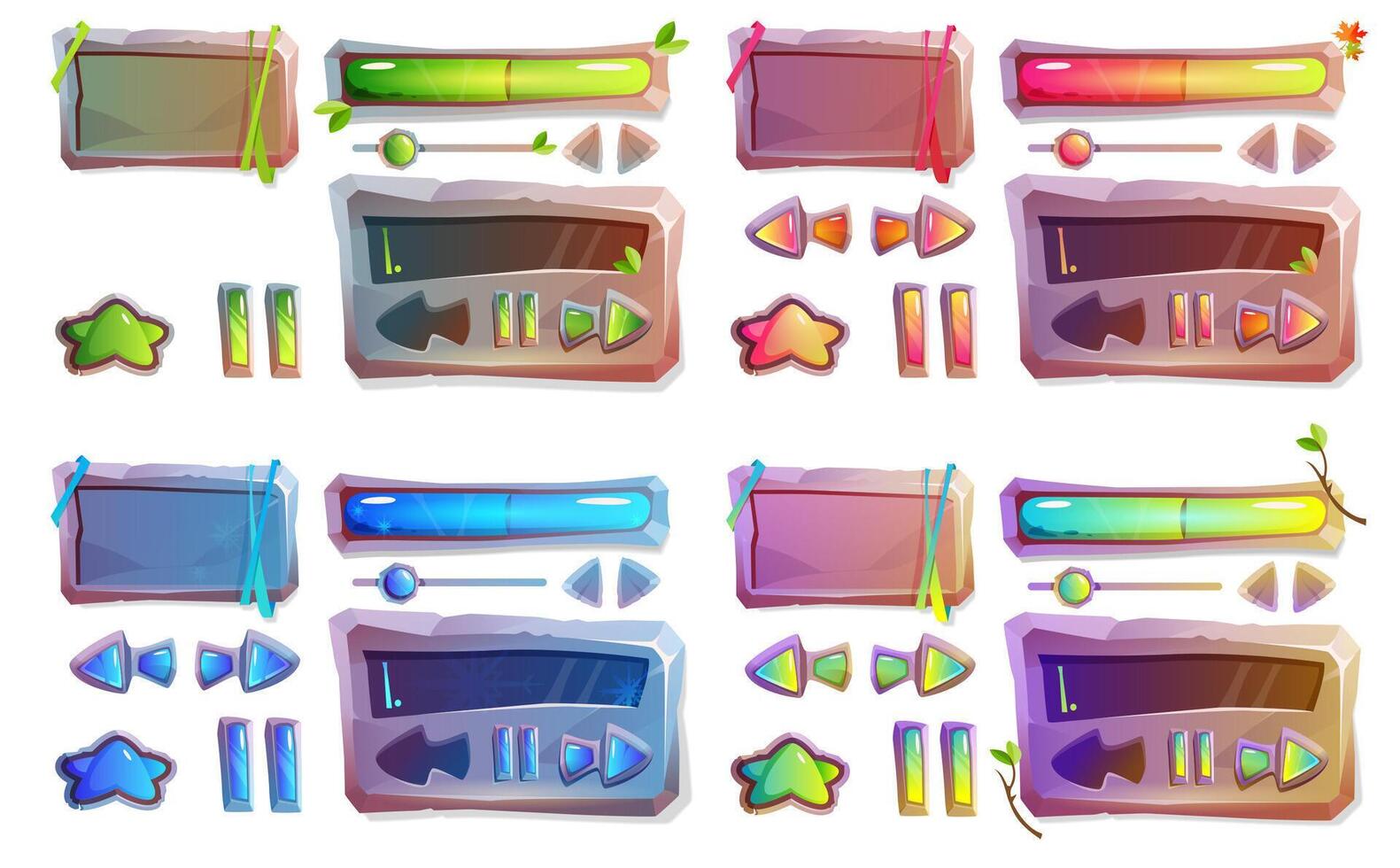 tecknad serie sten textur av spel knappar gui eller ui design element. uppsättning meny brädor, stjärna nycklar, framsteg bar och panel med paus, reglaget och pilar. gränssnitt plack isolerat på vit bakgrund. vektor