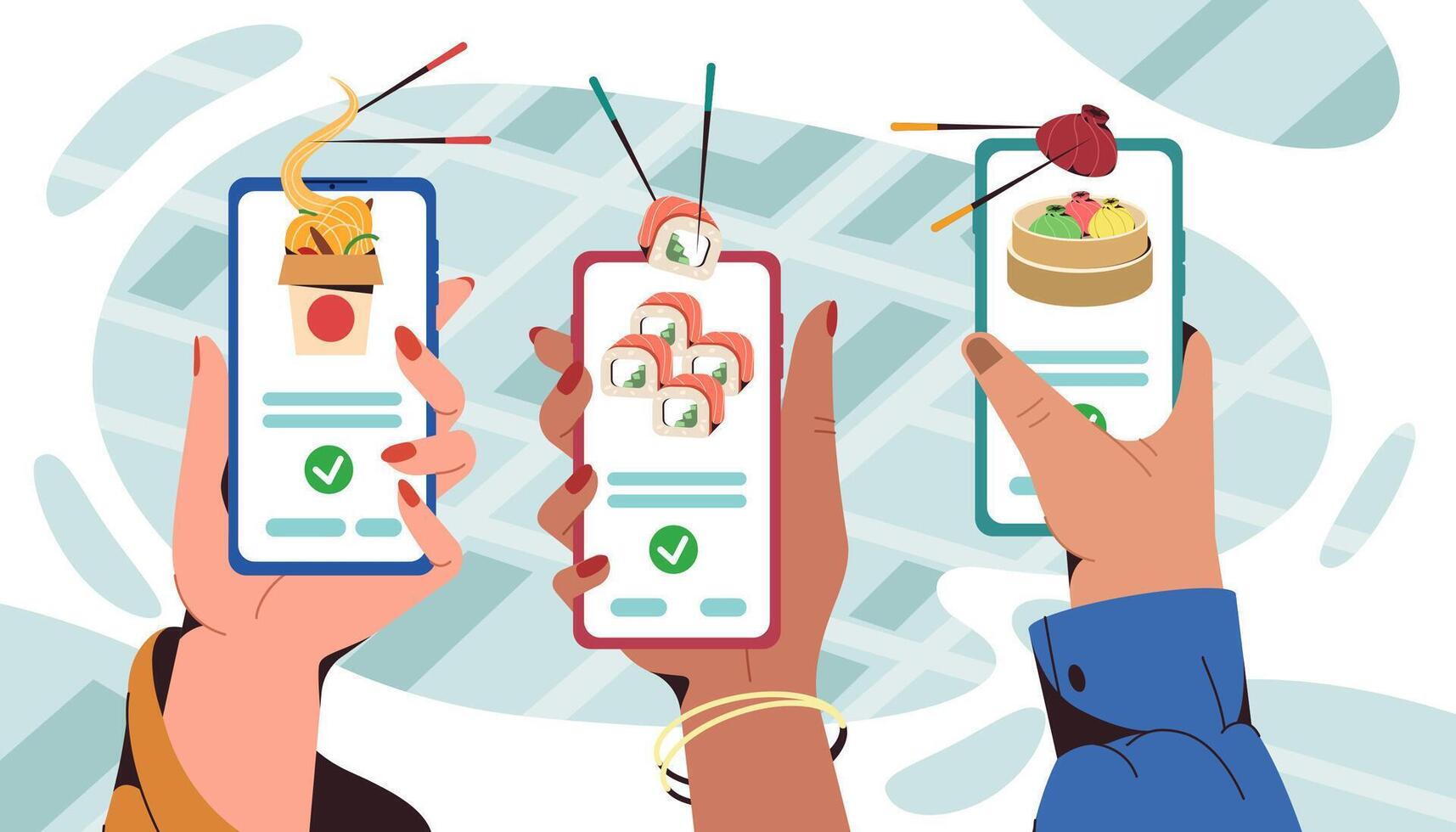 platt mänsklig händer innehav smartphone med mobil app för beställning snabb mat på Hem, kontor eller ta bort. sushi, manti och wok låda med spaghetti snabbt leverans. uppkopplad service för beställa asiatisk maträtter. vektor