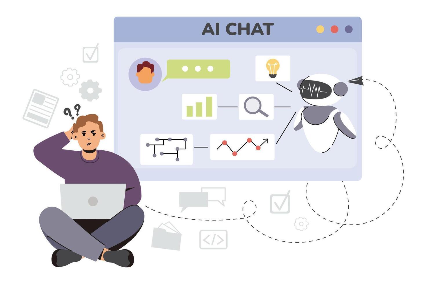 künstlich Intelligenz Konzept. eben Mann mit ai Technologie zum Hilfe mit Aufgaben und Antworten Fragen. online Kommunikation mit Plaudern bot. Charakter chatten mit Chatbot, Digital Assistent im Laptop vektor