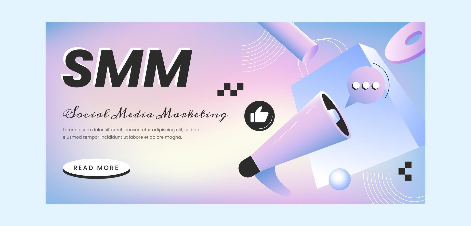 Sozial Medien Marketing Landung Seite Vorlage. eben Netz Banner von smm mit Lautsprecher und Symbole um. anziehen Anhänger im Internet. Netzwerk Werbung. vektor