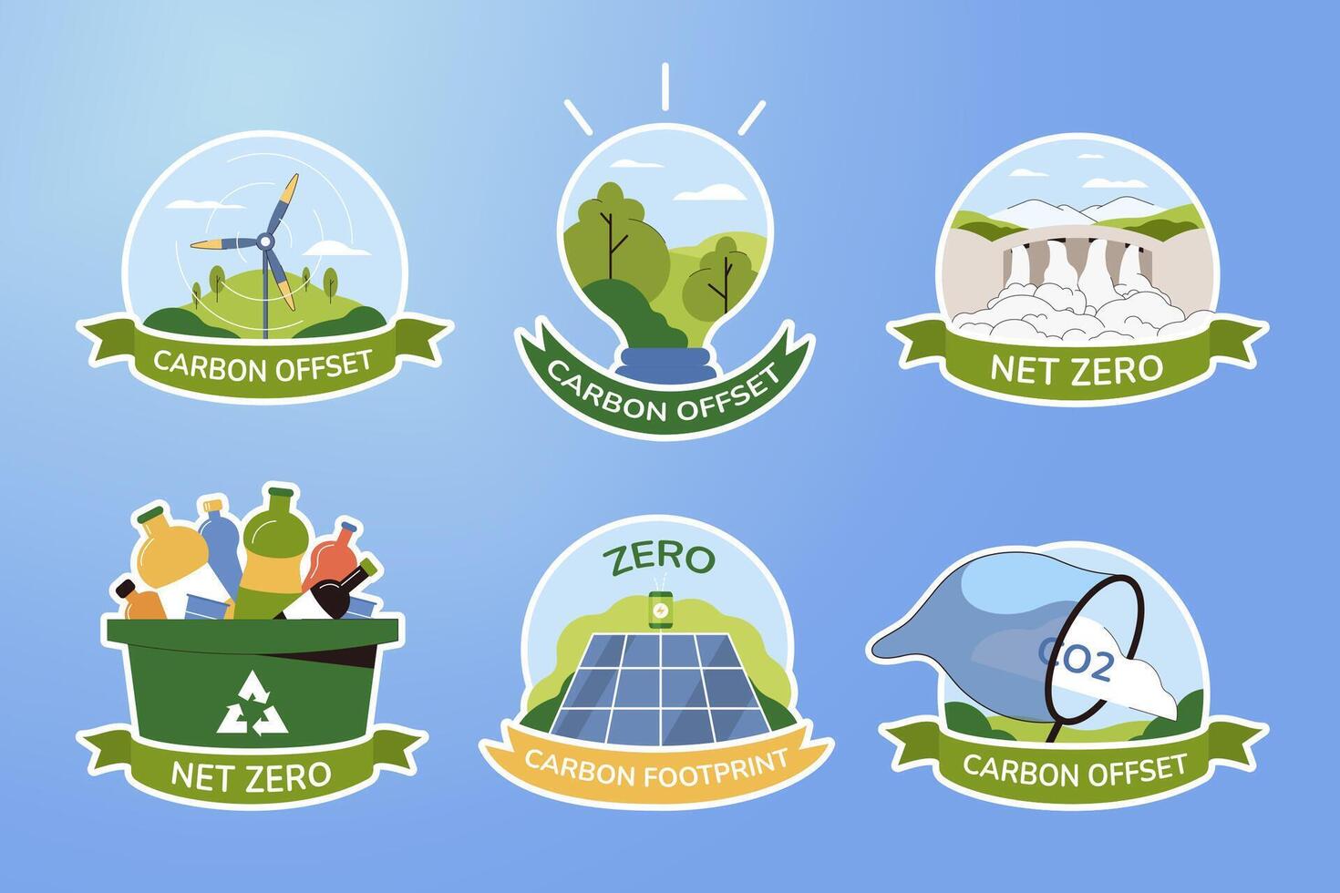 einstellen Symbole von Netz Null und Kohlenstoff Fußabdruck. nachhaltig Entwicklung Aufkleber. Grün Energie, reduzieren co2 Emissionen Design Elemente oder Etiketten. Öko freundlich Produktion, Umwelt Sicherheit. vektor