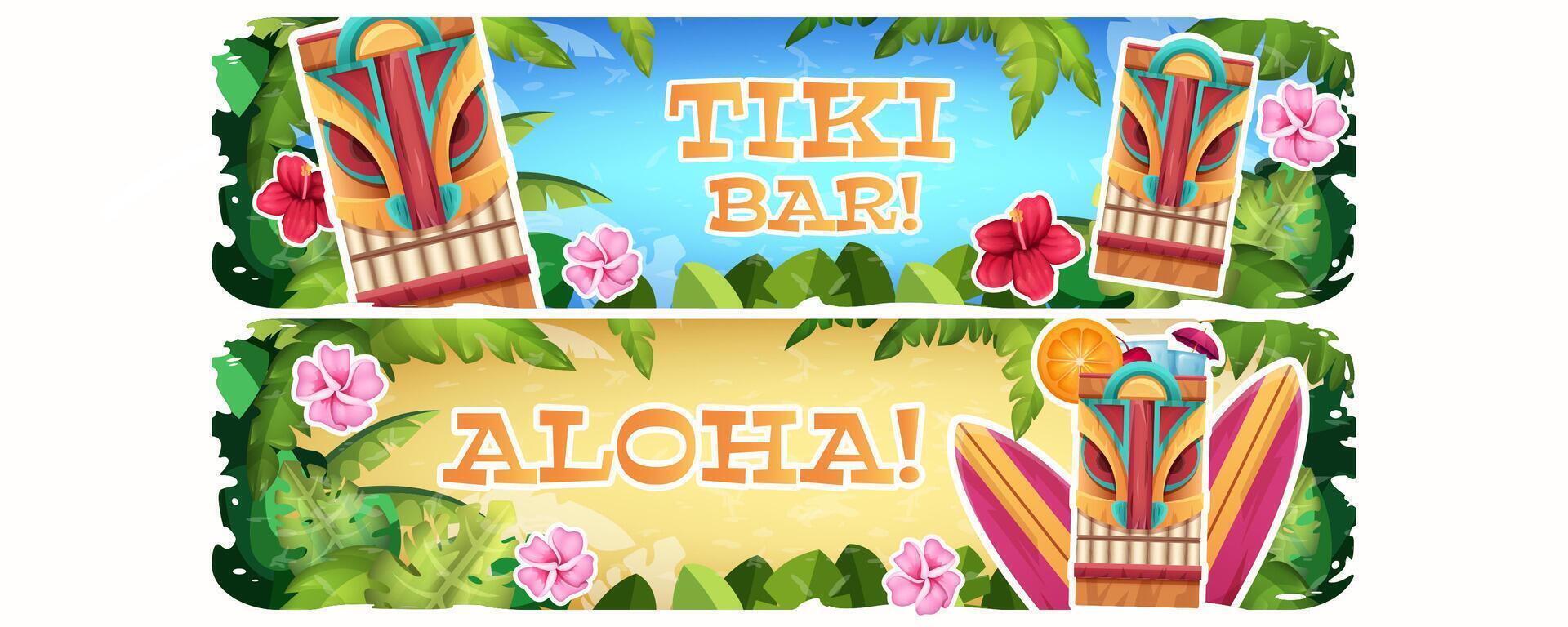 Banner mit traditionell hölzern Stammes- Maske, tropisch Hawaii exotisch Pflanzen und Blumen. Einladung Plakate zum hawaiisch Aloha Party mit Tiki Bar auf Weiß Hintergrund. Karikatur Illustration. vektor