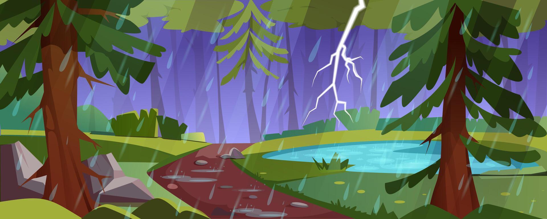 skog landskap med damm, grön träd och buskar i regn. natur scen med sjö, gångstig med stenar och blixt- i mörk himmel. tecknad serie illustration av naturlig parkera med åskväder vektor