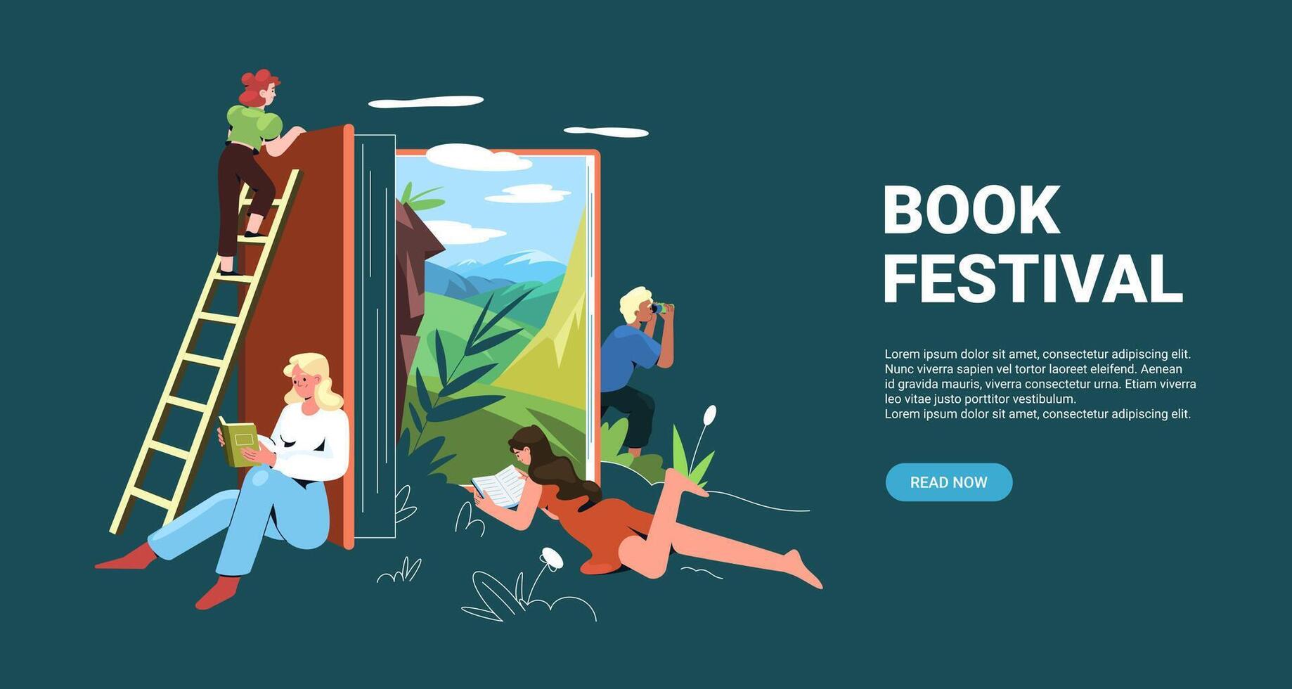 Buch Festival Banner. Landung Seite von eben Teenager Zeichen lesen Literatur mit glücklich Gesichter. Karikatur interessiert Studenten Lernen im Bibliothek. jung Menschen studieren Bücher im Buchhandlung. vektor