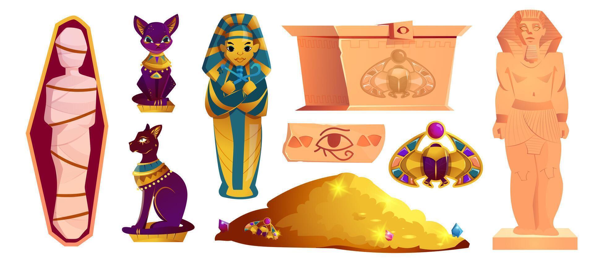 gammal egyptisk tecknad serie uppsättning av gyllene scarab skalbagge, bastet skulptur, sarkofag av farao, mamma, bröst med skatt och guld lugg. egypten grav, sten med hieroglyfer och statyer av gammal gudar vektor