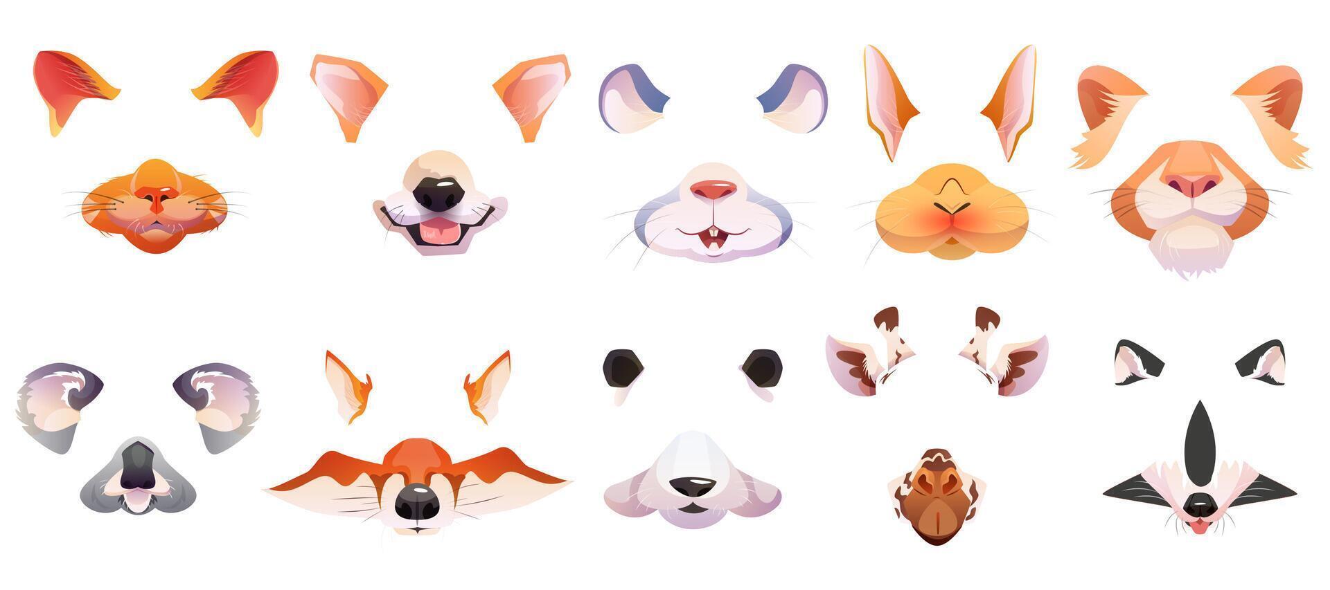 Karikatur einstellen von Gesicht Filter mit süß Tier Masken zum Selfie Foto oder Plaudern. Ohren und Nase von Katze, Hund, Fuchs, Waschbär, Kaninchen, Löwe, Koala, Maus und Giraffe zum Handy, Mobiltelefon Telefon App oder Sozial Inhalt vektor