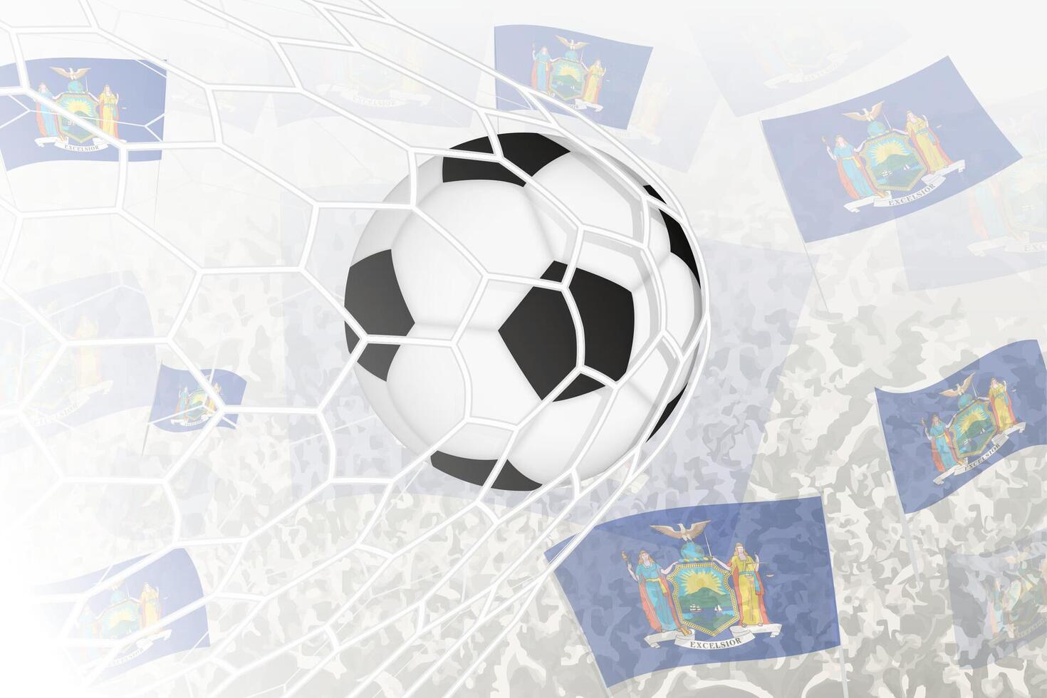National Fußball Mannschaft von Neu York erzielte Ziel. Ball im Tor Netz, während Fußball Unterstützer sind winken das Neu York Flagge im das Hintergrund. vektor