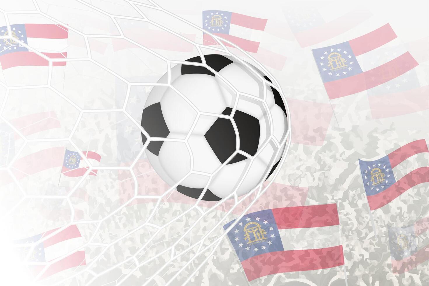 National Fußball Mannschaft von Georgia erzielte Ziel. Ball im Tor Netz, während Fußball Unterstützer sind winken das Georgia Flagge im das Hintergrund. vektor