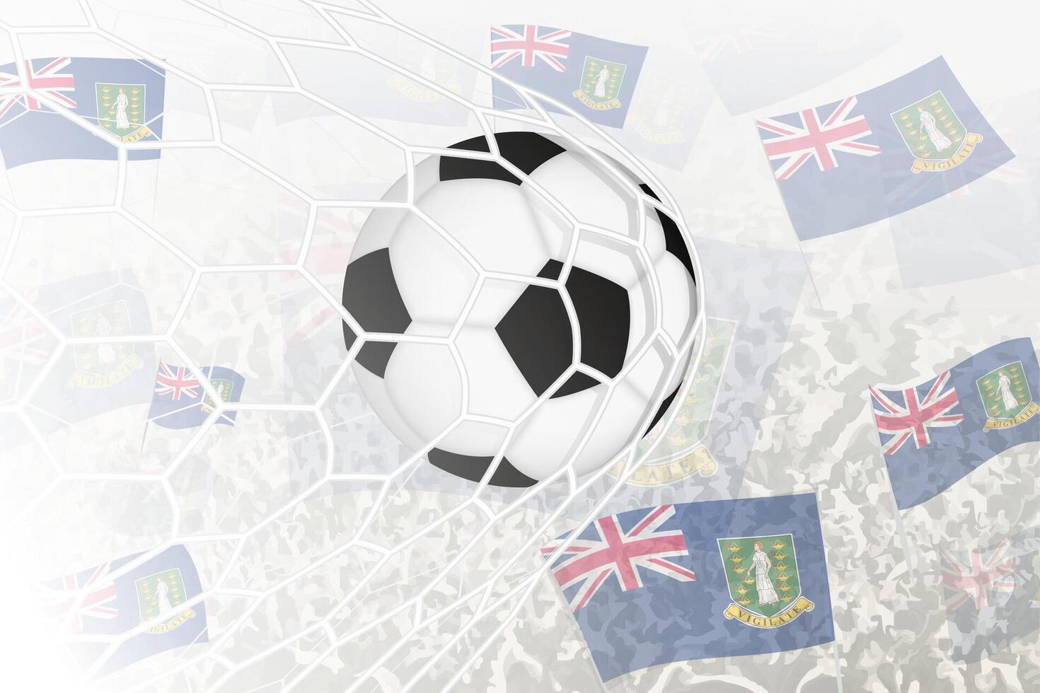 National Fußball Mannschaft von britisch Jungfrau Inseln erzielte Ziel. Ball im Tor Netz, während Fußball Unterstützer sind winken das britisch Jungfrau Inseln Flagge im das Hintergrund. vektor