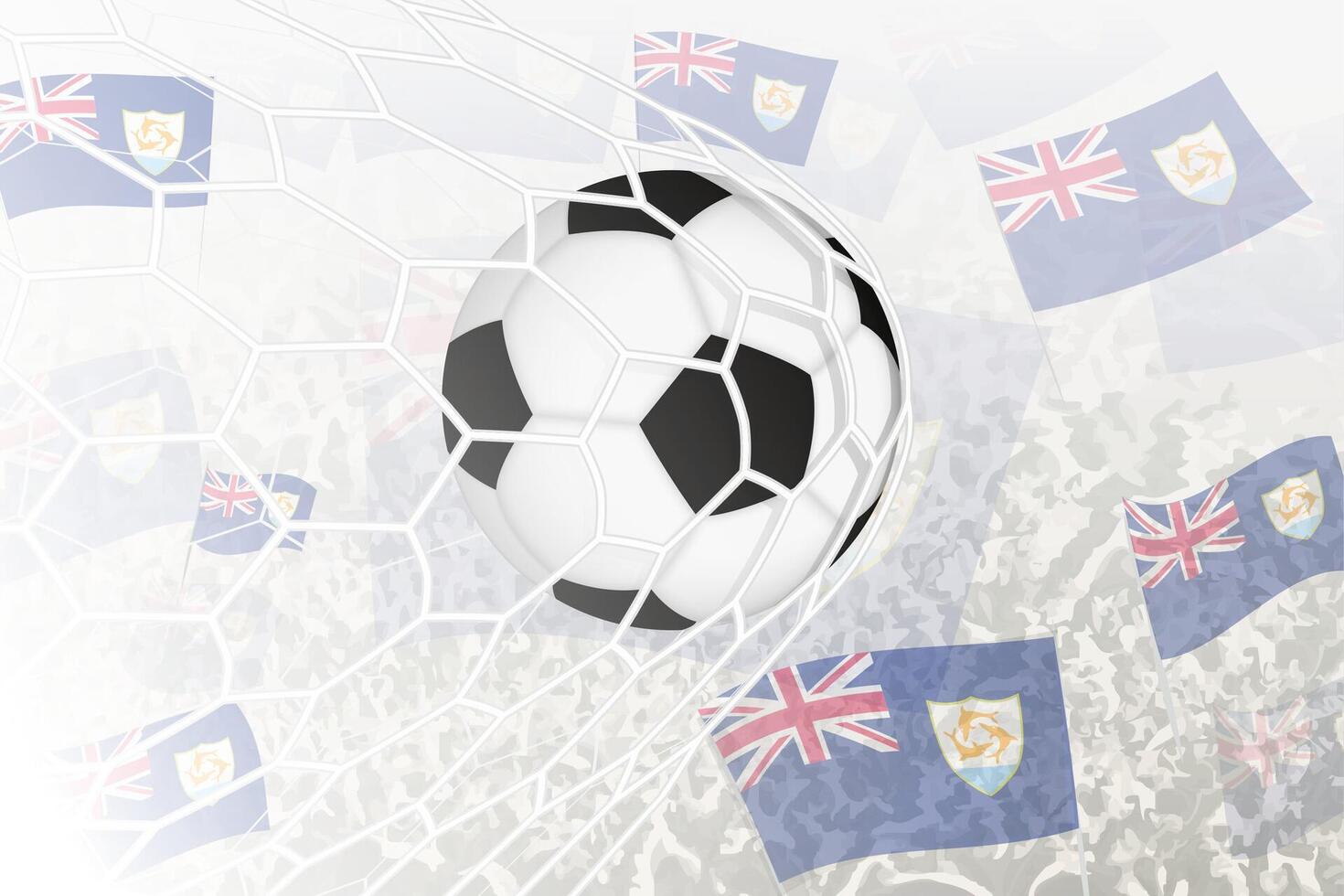 National Fußball Mannschaft von Anguilla erzielte Ziel. Ball im Tor Netz, während Fußball Unterstützer sind winken das Anguilla Flagge im das Hintergrund. vektor
