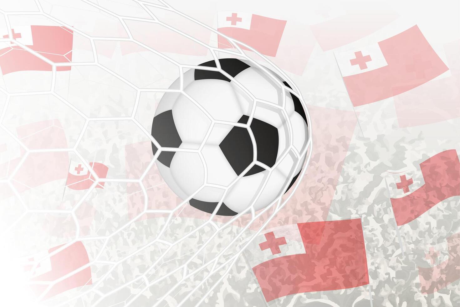 National Fußball Mannschaft von Tonga erzielte Ziel. Ball im Tor Netz, während Fußball Unterstützer sind winken das Tonga Flagge im das Hintergrund. vektor