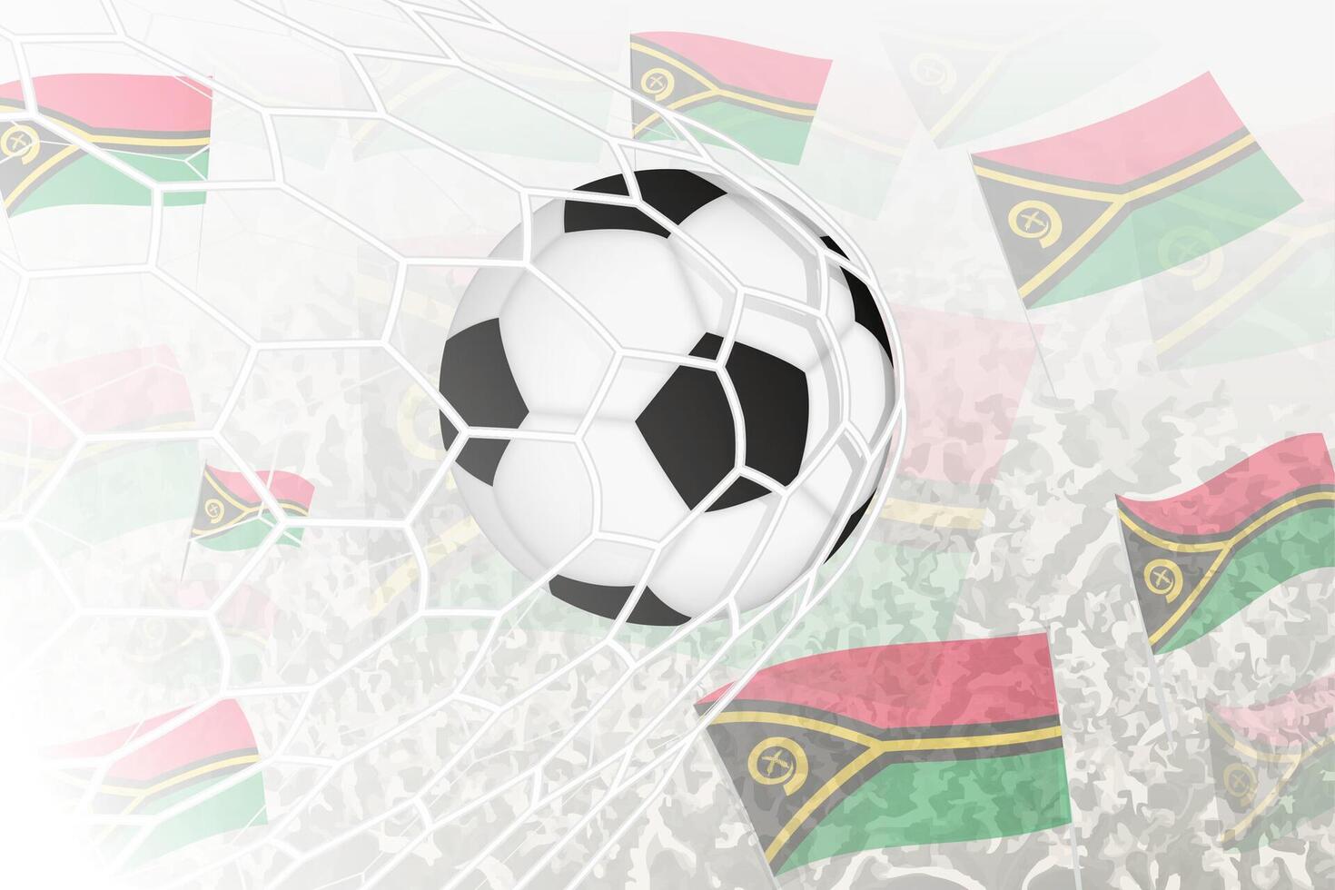 National Fußball Mannschaft von Vanuatu erzielte Ziel. Ball im Tor Netz, während Fußball Unterstützer sind winken das Vanuatu Flagge im das Hintergrund. vektor