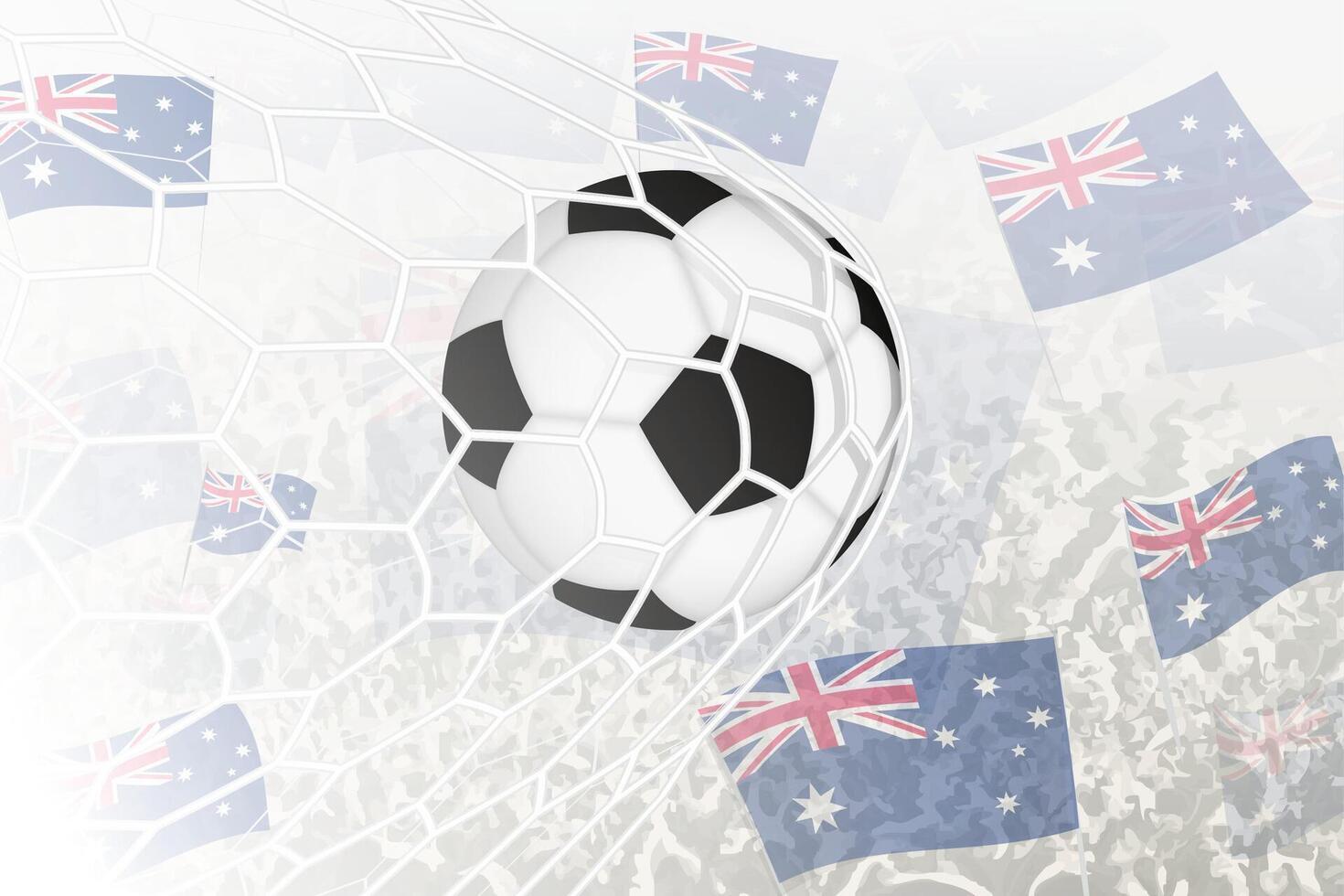 National Fußball Mannschaft von Australien erzielte Ziel. Ball im Tor Netz, während Fußball Unterstützer sind winken das Australien Flagge im das Hintergrund. vektor