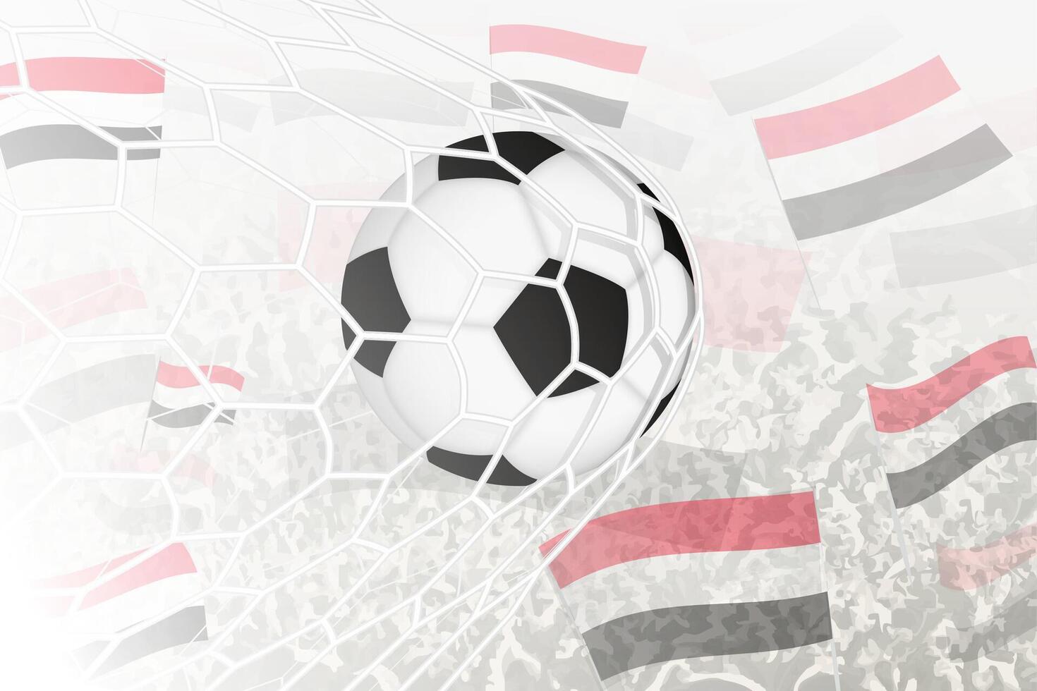 National Fußball Mannschaft von Jemen erzielte Ziel. Ball im Tor Netz, während Fußball Unterstützer sind winken das Jemen Flagge im das Hintergrund. vektor