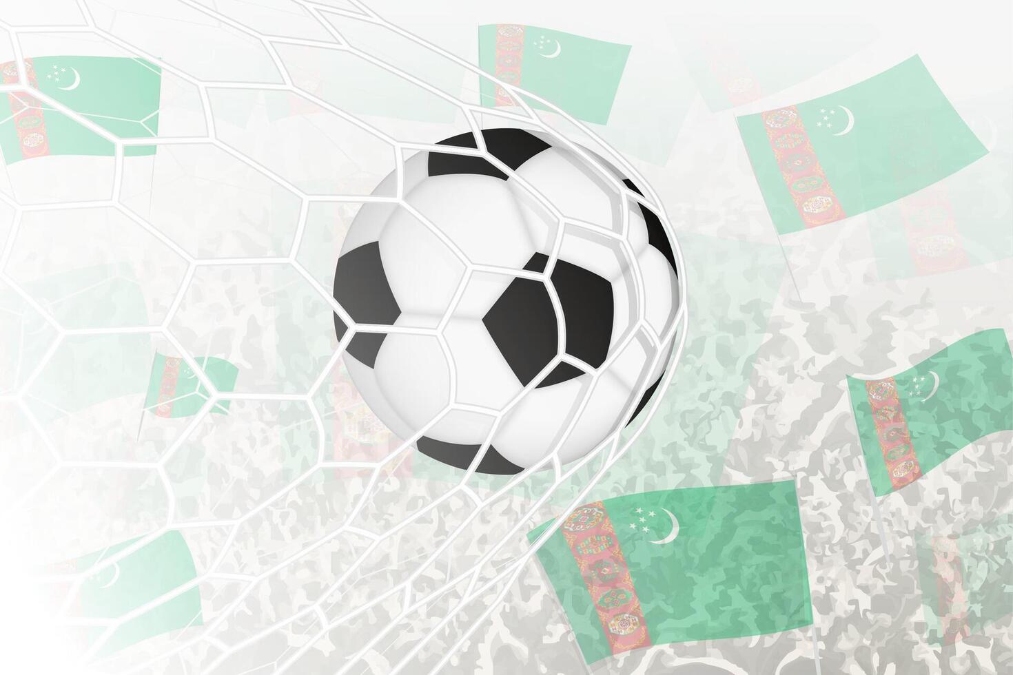 nationell fotboll team av turkmenistan gjorde mål mål. boll i mål netto, medan fotboll supportrar är vinka de turkmenistan flagga i de bakgrund. vektor