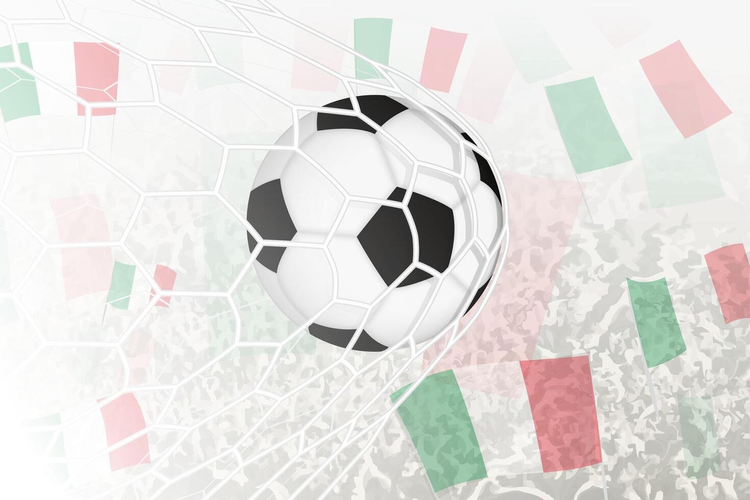 National Fußball Mannschaft von Italien erzielte Ziel. Ball im Tor Netz, während Fußball Unterstützer sind winken das Italien Flagge im das Hintergrund. vektor