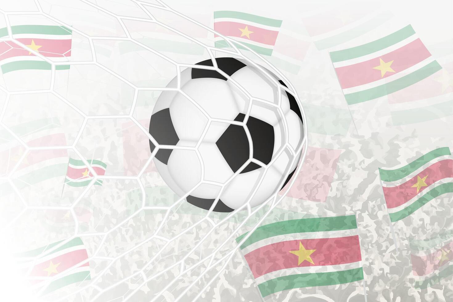 National Fußball Mannschaft von suriname erzielte Ziel. Ball im Tor Netz, während Fußball Unterstützer sind winken das suriname Flagge im das Hintergrund. vektor