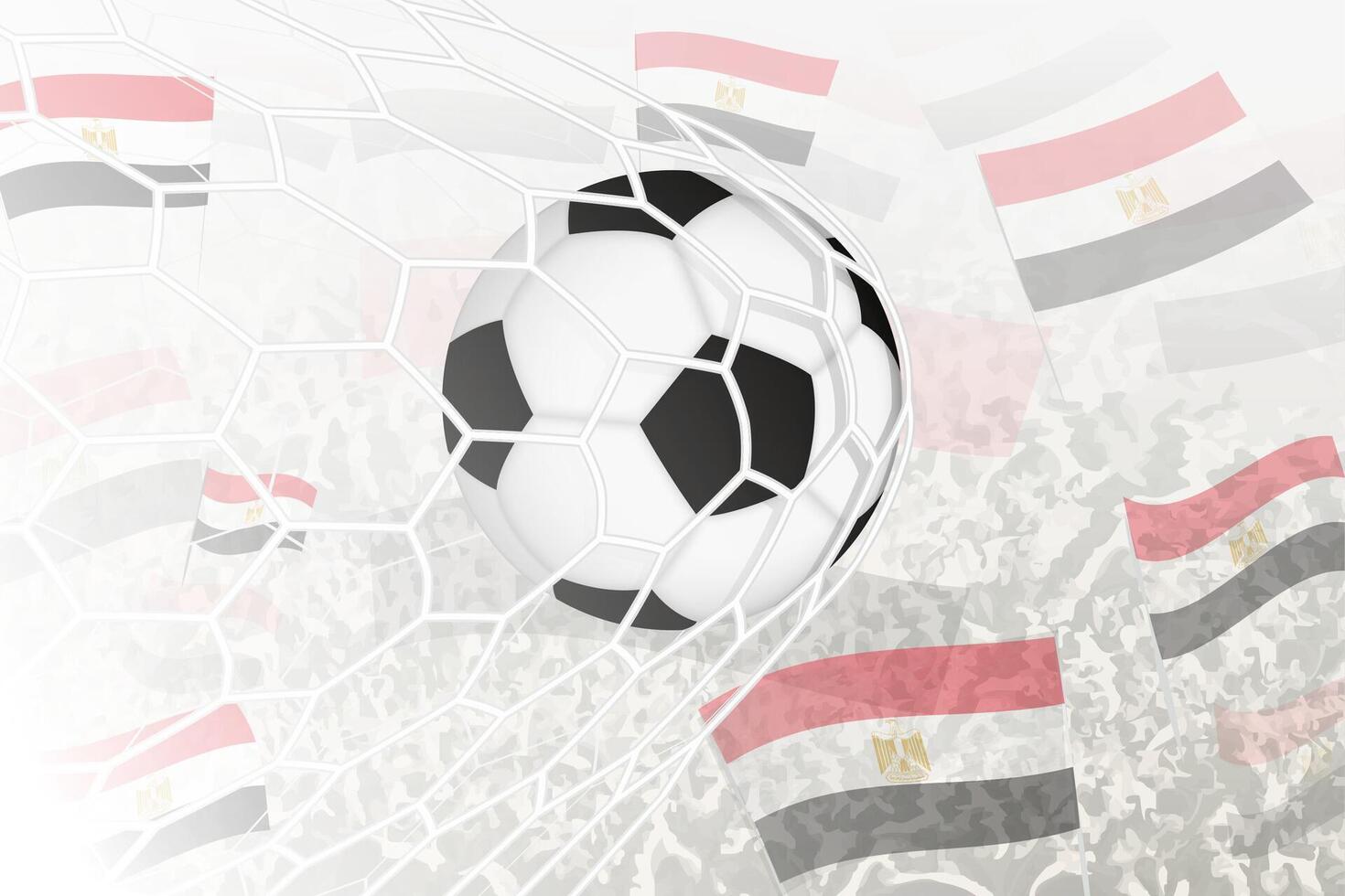 National Fußball Mannschaft von Ägypten erzielte Ziel. Ball im Tor Netz, während Fußball Unterstützer sind winken das Ägypten Flagge im das Hintergrund. vektor