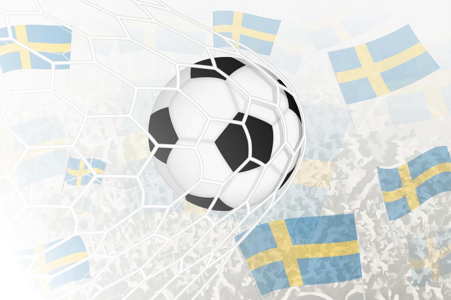 National Fußball Mannschaft von Schweden erzielte Ziel. Ball im Tor Netz, während Fußball Unterstützer sind winken das Schweden Flagge im das Hintergrund. vektor