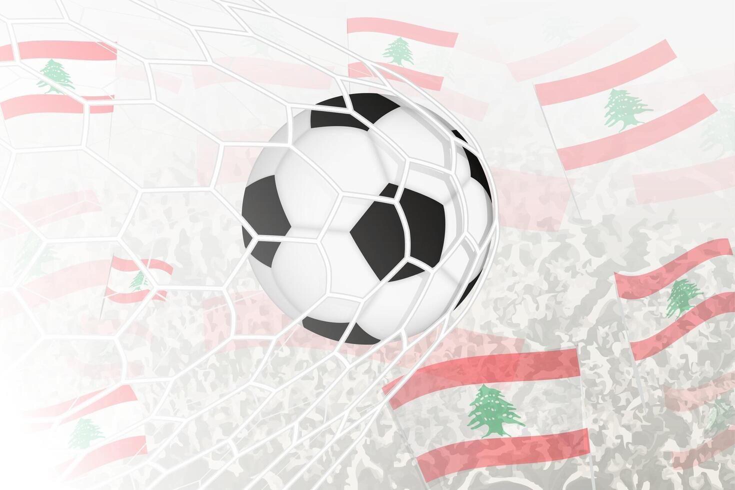 National Fußball Mannschaft von Libanon erzielte Ziel. Ball im Tor Netz, während Fußball Unterstützer sind winken das Libanon Flagge im das Hintergrund. vektor