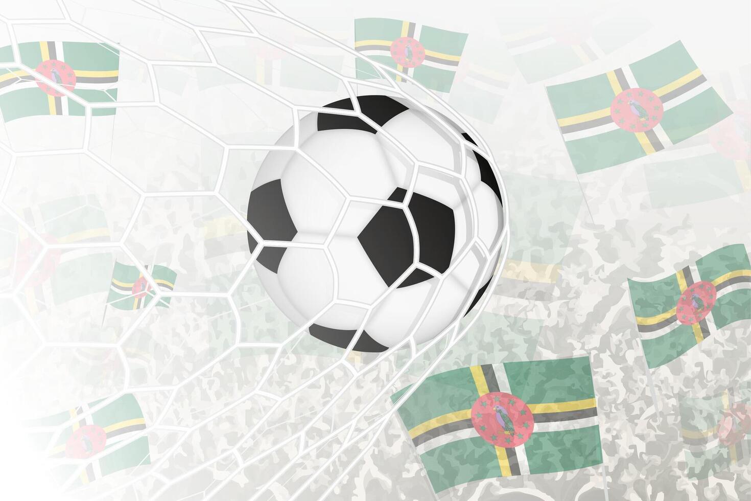 National Fußball Mannschaft von Dominica erzielte Ziel. Ball im Tor Netz, während Fußball Unterstützer sind winken das Dominica Flagge im das Hintergrund. vektor