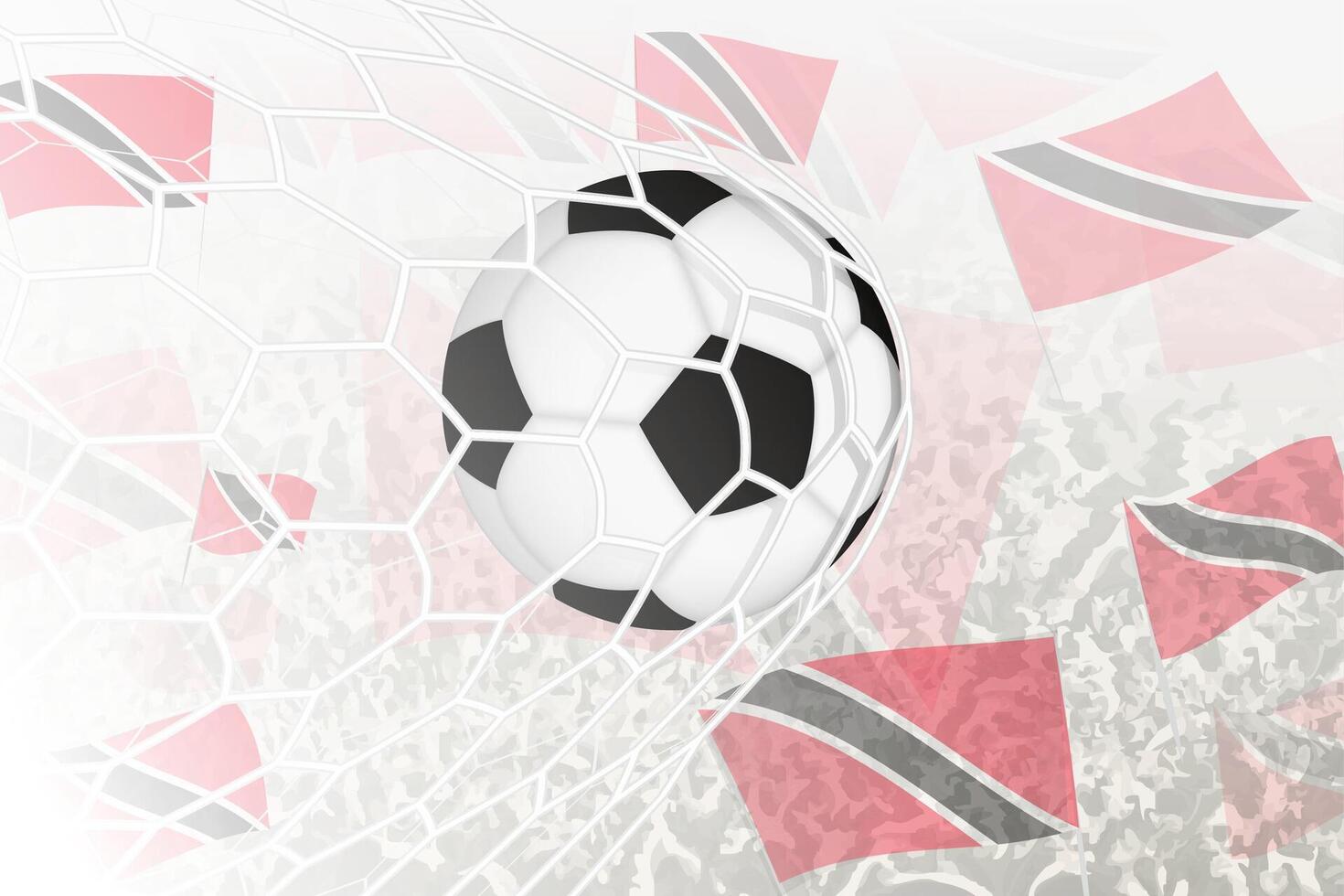 National Fußball Mannschaft von Trinidad und Tobago erzielte Ziel. Ball im Tor Netz, während Fußball Unterstützer sind winken das Trinidad und Tobago Flagge im das Hintergrund. vektor