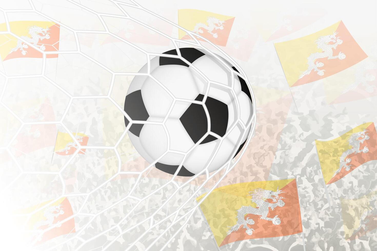 National Fußball Mannschaft von Bhutan erzielte Ziel. Ball im Tor Netz, während Fußball Unterstützer sind winken das Bhutan Flagge im das Hintergrund. vektor