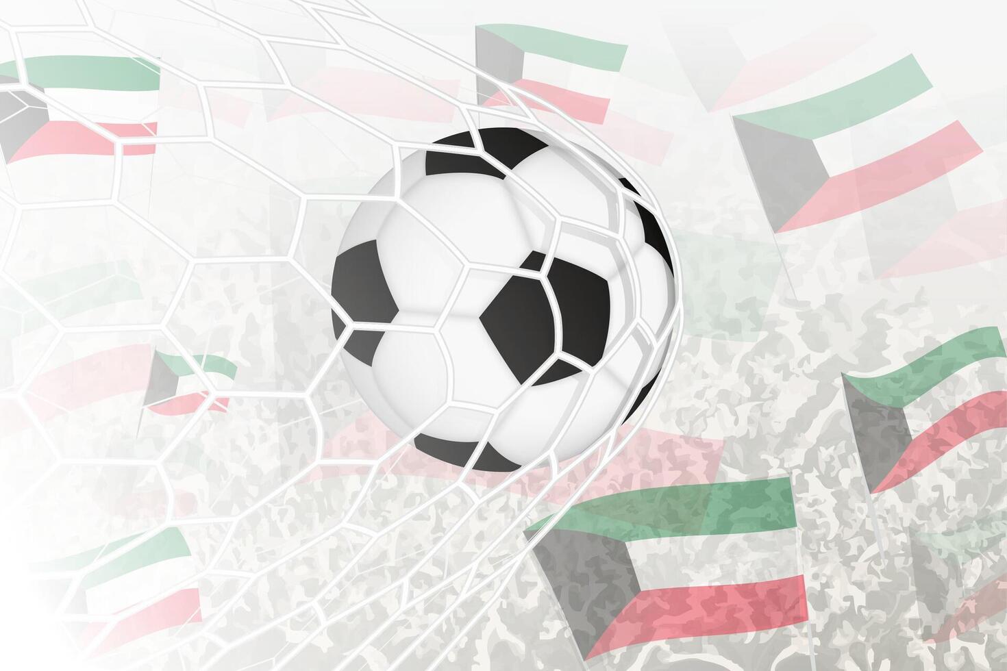 National Fußball Mannschaft von Kuwait erzielte Ziel. Ball im Tor Netz, während Fußball Unterstützer sind winken das Kuwait Flagge im das Hintergrund. vektor