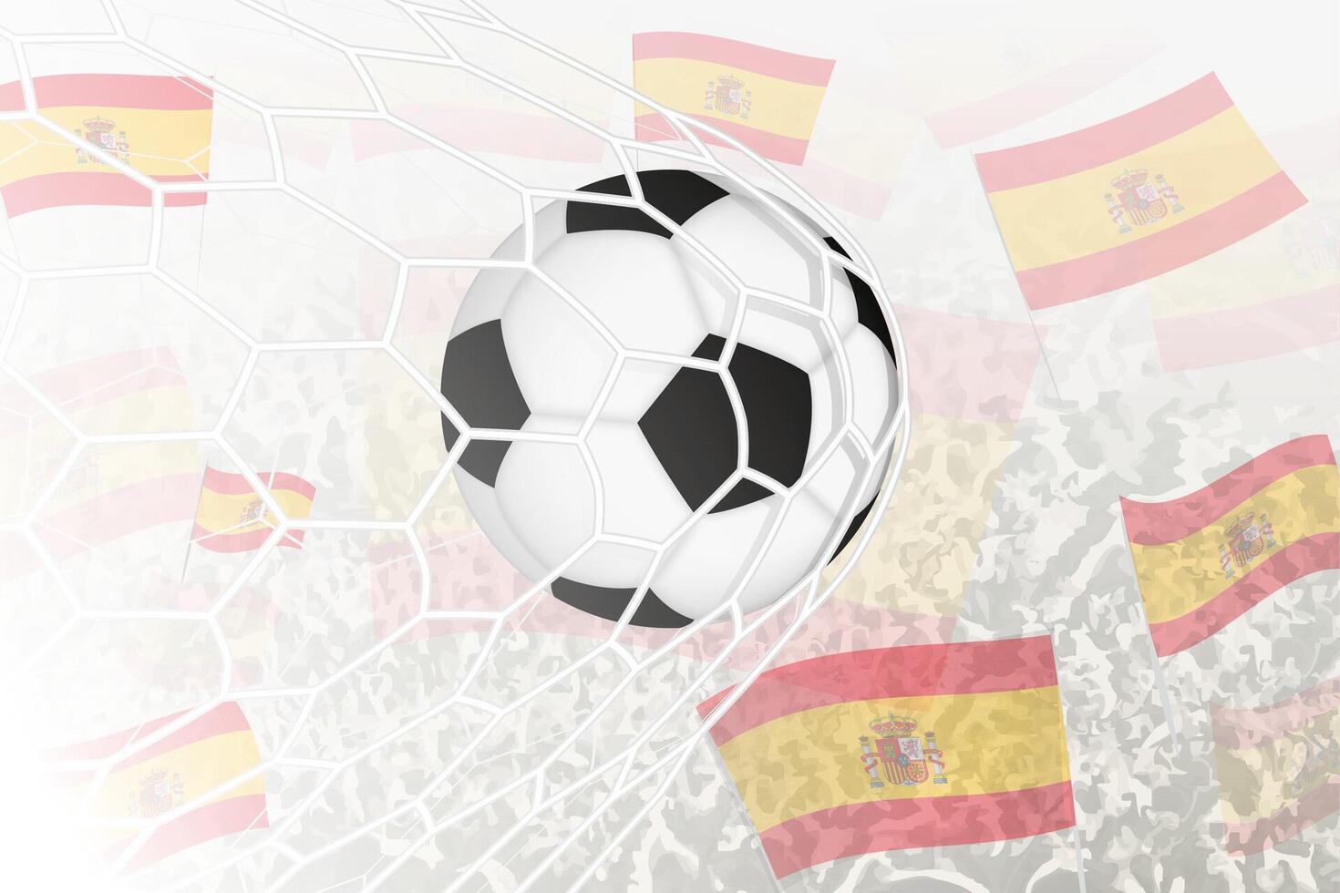 nationell fotboll team av Spanien gjorde mål mål. boll i mål netto, medan fotboll supportrar är vinka de Spanien flagga i de bakgrund. vektor