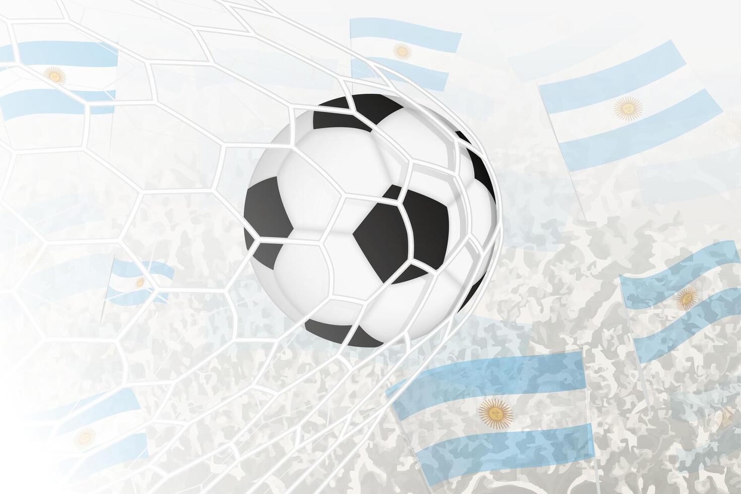 National Fußball Mannschaft von Argentinien erzielte Ziel. Ball im Tor Netz, während Fußball Unterstützer sind winken das Argentinien Flagge im das Hintergrund. vektor