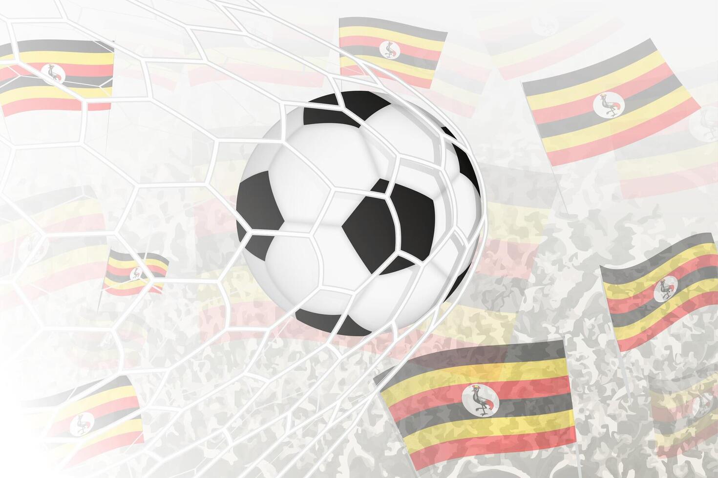 nationell fotboll team av uganda gjorde mål mål. boll i mål netto, medan fotboll supportrar är vinka de uganda flagga i de bakgrund. vektor