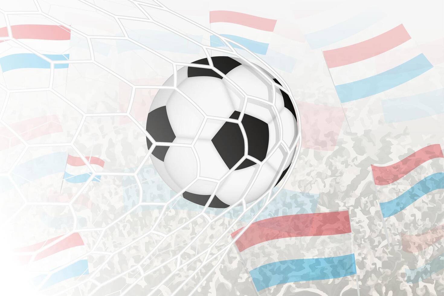 National Fußball Mannschaft von Luxemburg erzielte Ziel. Ball im Tor Netz, während Fußball Unterstützer sind winken das Luxemburg Flagge im das Hintergrund. vektor