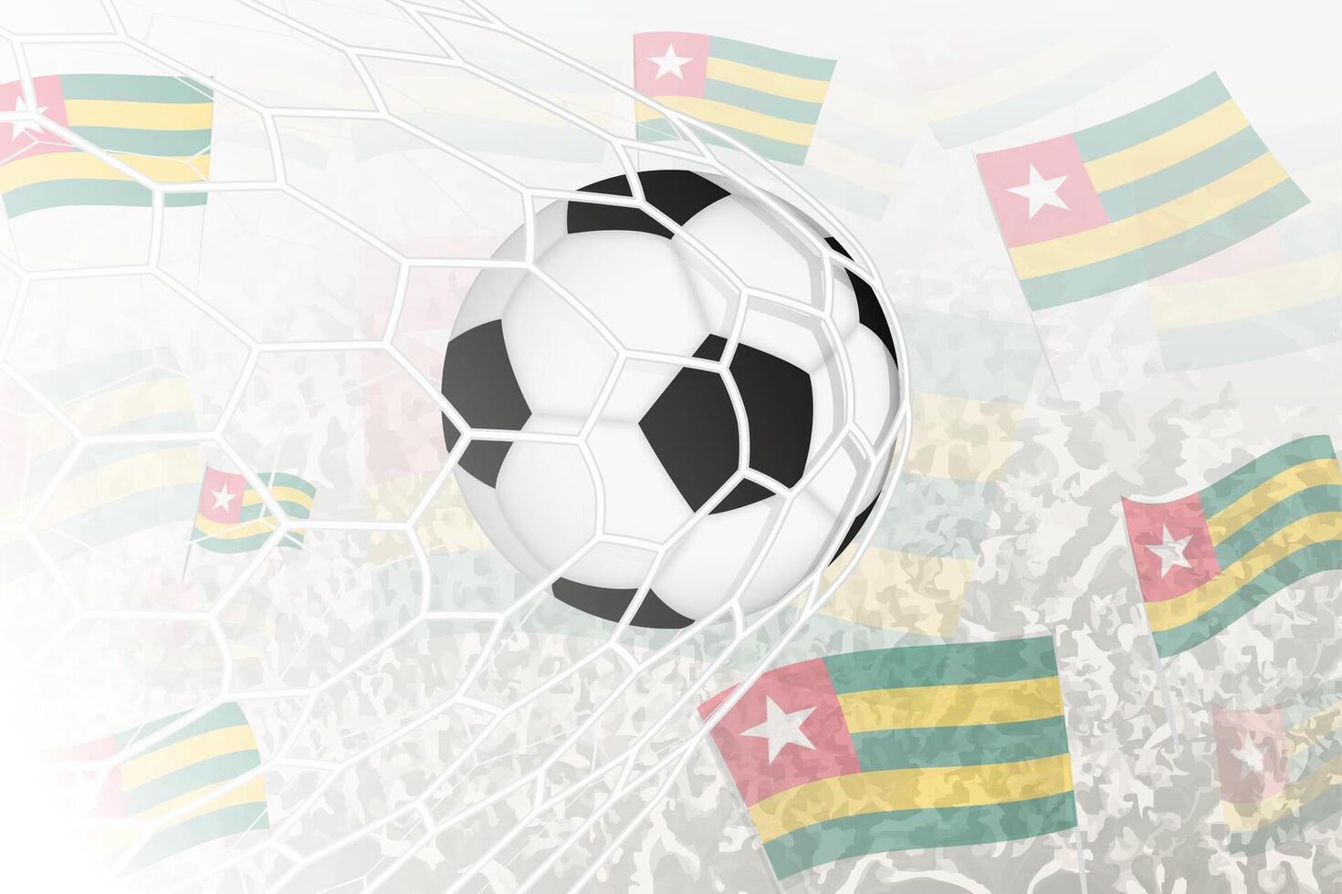 nationell fotboll team av Togo gjorde mål mål. boll i mål netto, medan fotboll supportrar är vinka de Togo flagga i de bakgrund. vektor