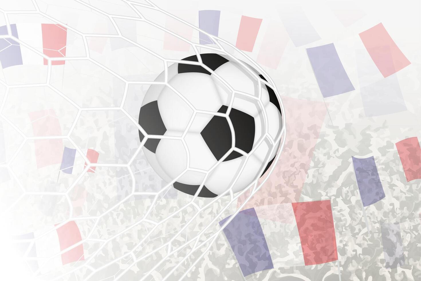 National Fußball Mannschaft von Frankreich erzielte Ziel. Ball im Tor Netz, während Fußball Unterstützer sind winken das Frankreich Flagge im das Hintergrund. vektor