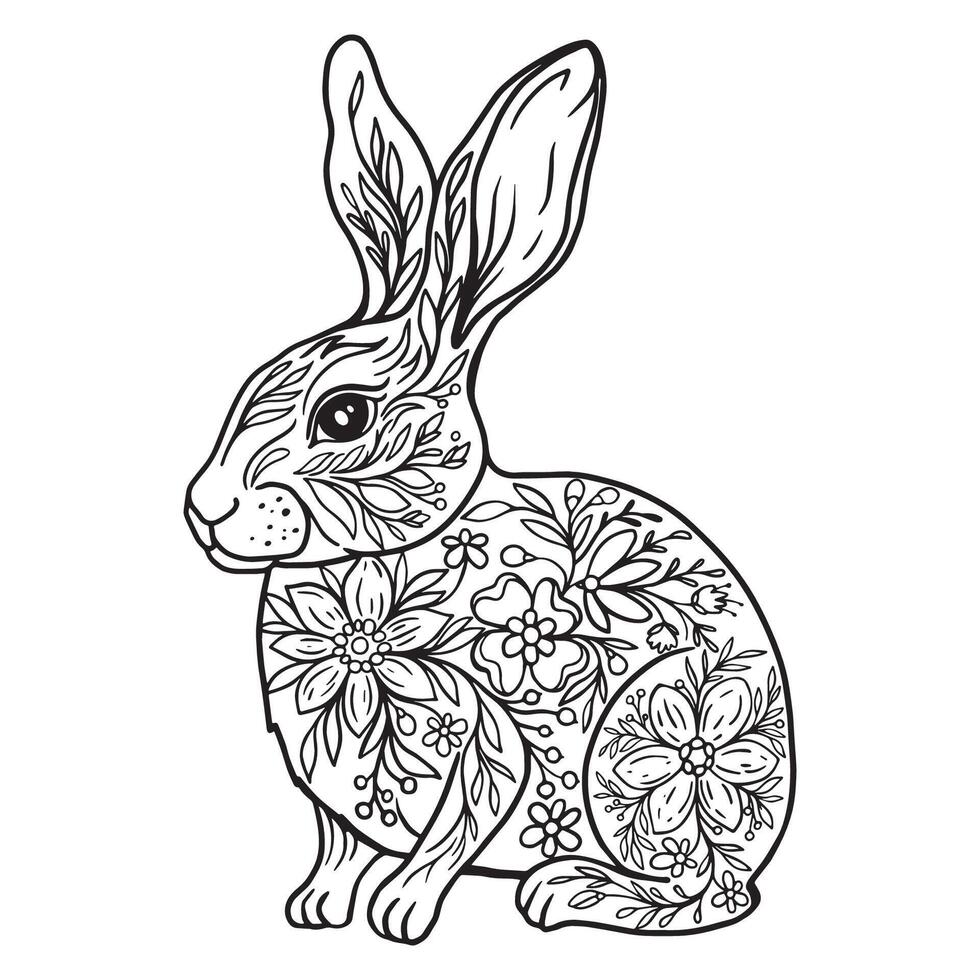 schwarz und Weiß Illustration von ein Hase, Gliederung Zeichnung, Zier Blumen- Muster von das Ostern Hase vektor