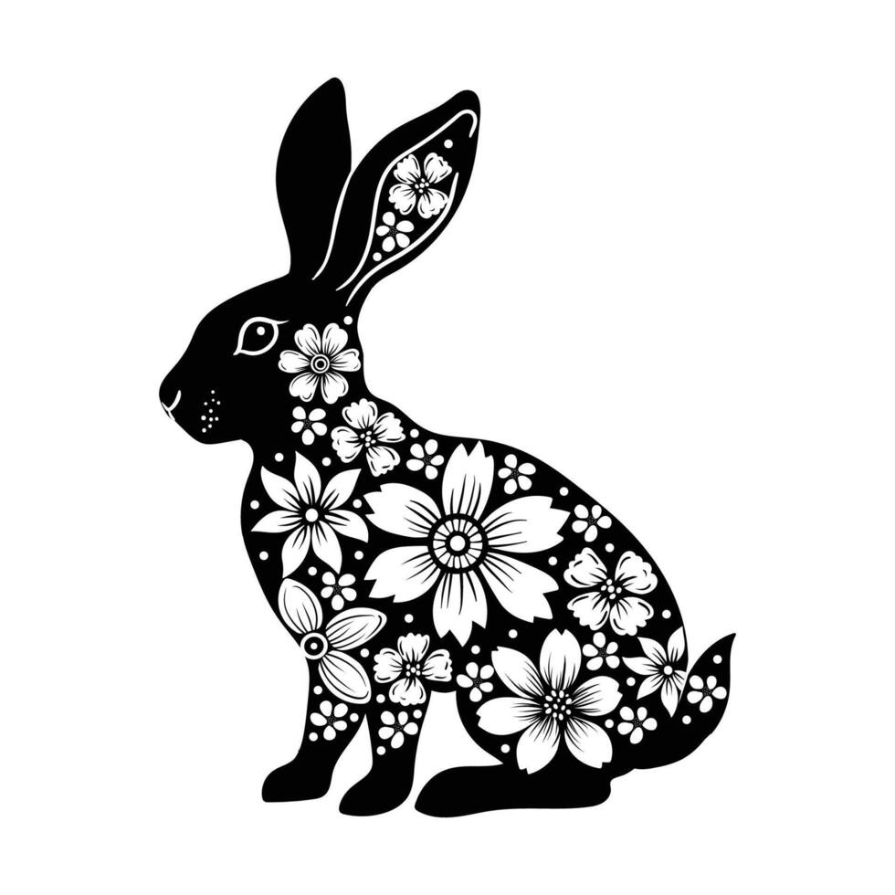 svart silhuett av en kanin med en skön blommig mönster. illustration för vykort, affisch, klistermärke, mönster vektor