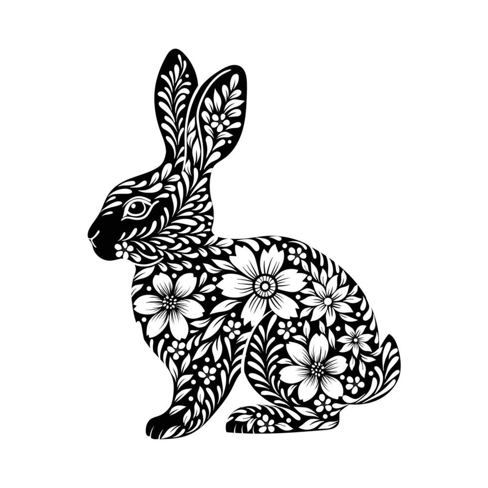 silhuett av en kanin med blommig prydnad, svart och vit illustration, element för påsk kort vektor