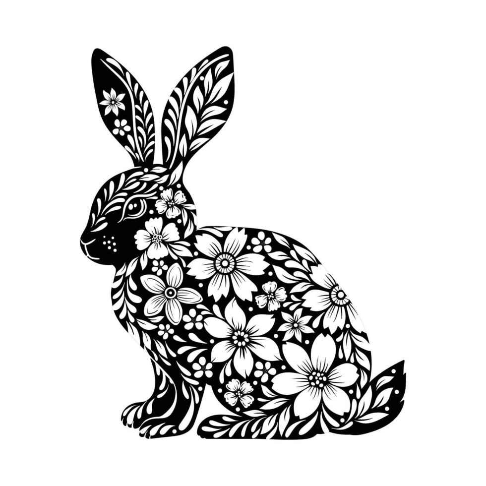 modern svart och vit illustration, skön påsk kanin med blommig. söt djur- silhuett vektor