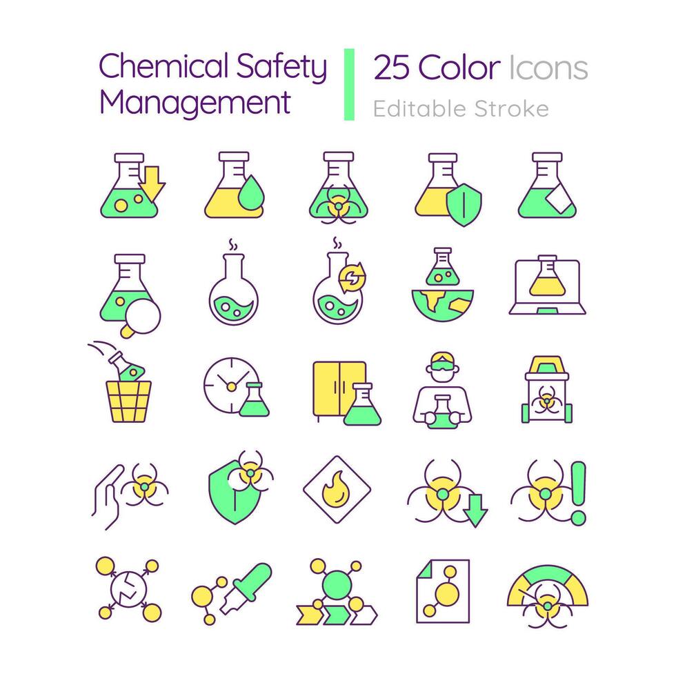 kemisk säkerhet förvaltning rgb Färg ikoner uppsättning. laboratorium kontrollera. toxisk ämnen, säkerhet föreskrifter. isolerat illustrationer. enkel fylld linje ritningar samling. redigerbar stroke vektor