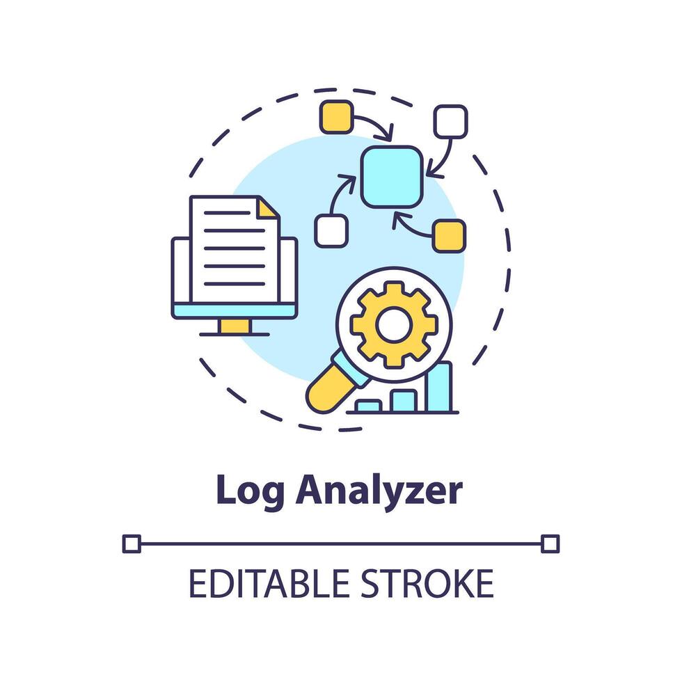 logga analysator mång Färg begrepp ikon. server underhåll, felsökning. prestanda övervakning, digital spårning. runda form linje illustration. abstrakt aning. grafisk design. lätt till använda sig av vektor