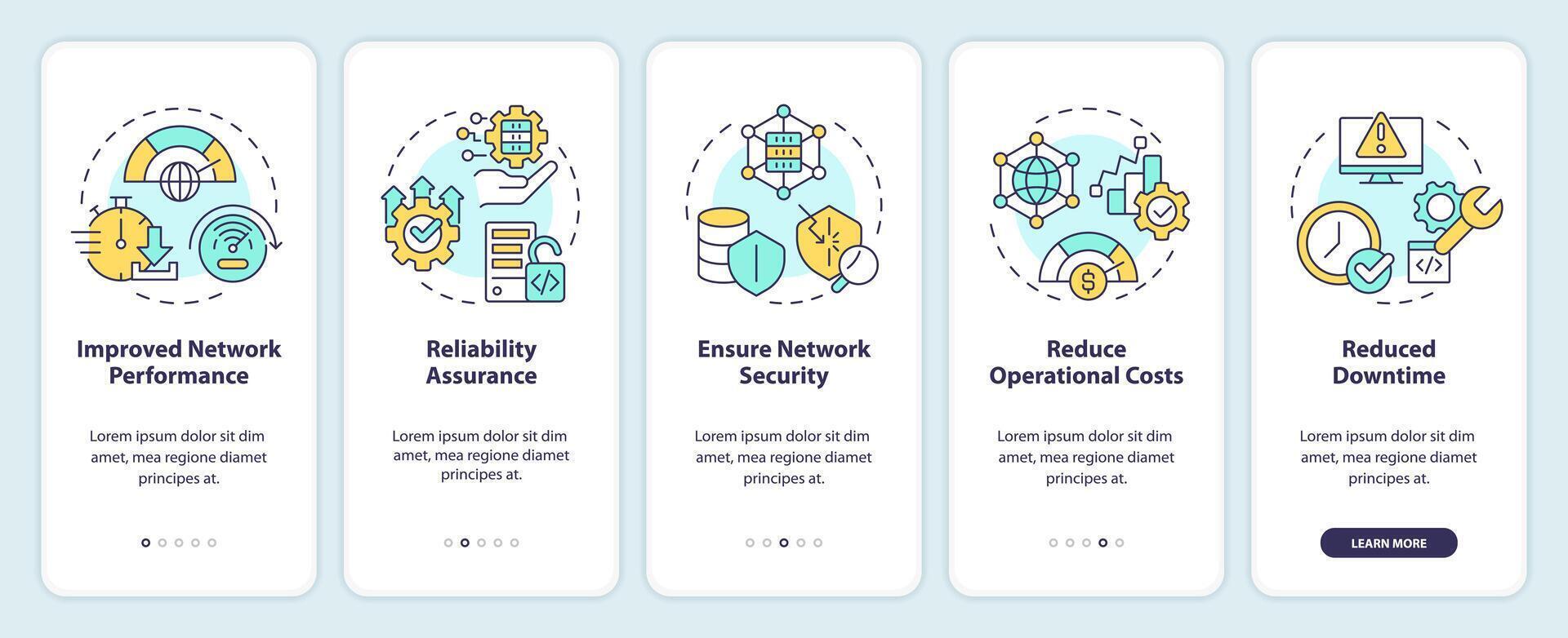 Leistungen von Netzwerk Verwaltung Onboarding Handy, Mobiltelefon App Bildschirm. Komplettlösung 5 Schritte editierbar Grafik Anleitung mit linear Konzepte. ui, ux, gui Vorlage vektor