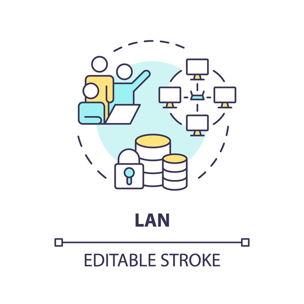 lan Verbindung Art multi Farbe Konzept Symbol. Internet Kommunikation Technologie. System Infrastruktur Verwaltung. runden gestalten Linie Illustration. abstrakt Idee. Grafik Design. einfach zu verwenden vektor