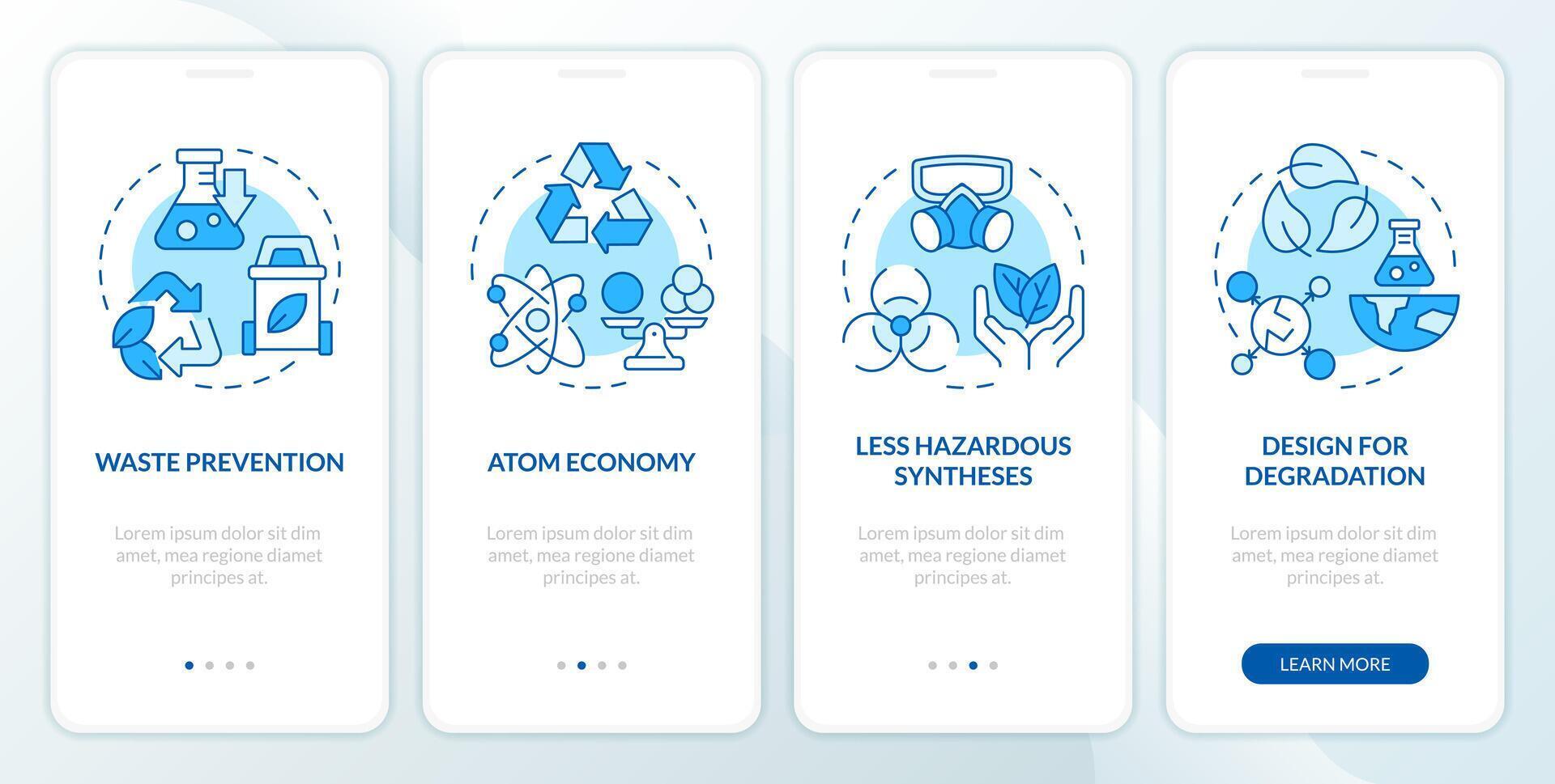 Grün Chemie Grundlagen Blau Onboarding Handy, Mobiltelefon App Bildschirm. Komplettlösung 4 Schritte editierbar Grafik Anleitung mit linear Konzepte. ui, ux, gui Vorlage vektor