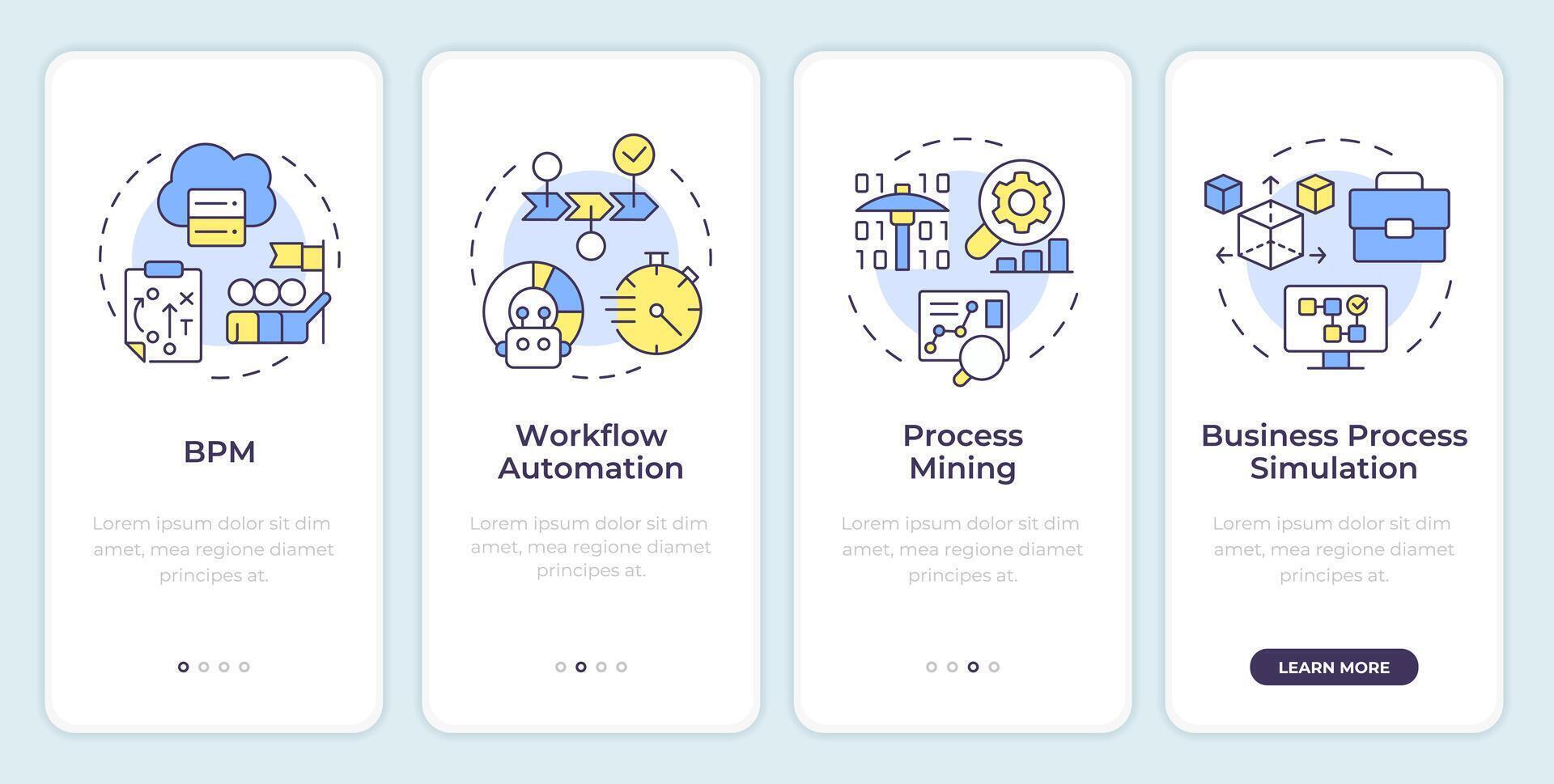 Geschäft Prozess Verwaltung Werkzeuge Onboarding Handy, Mobiltelefon App Bildschirm. Komplettlösung 4 Schritte editierbar Grafik Anleitung mit linear Konzepte. ui, ux, gui Vorlage. montserrat halbfett, regulär Schriftarten benutzt vektor