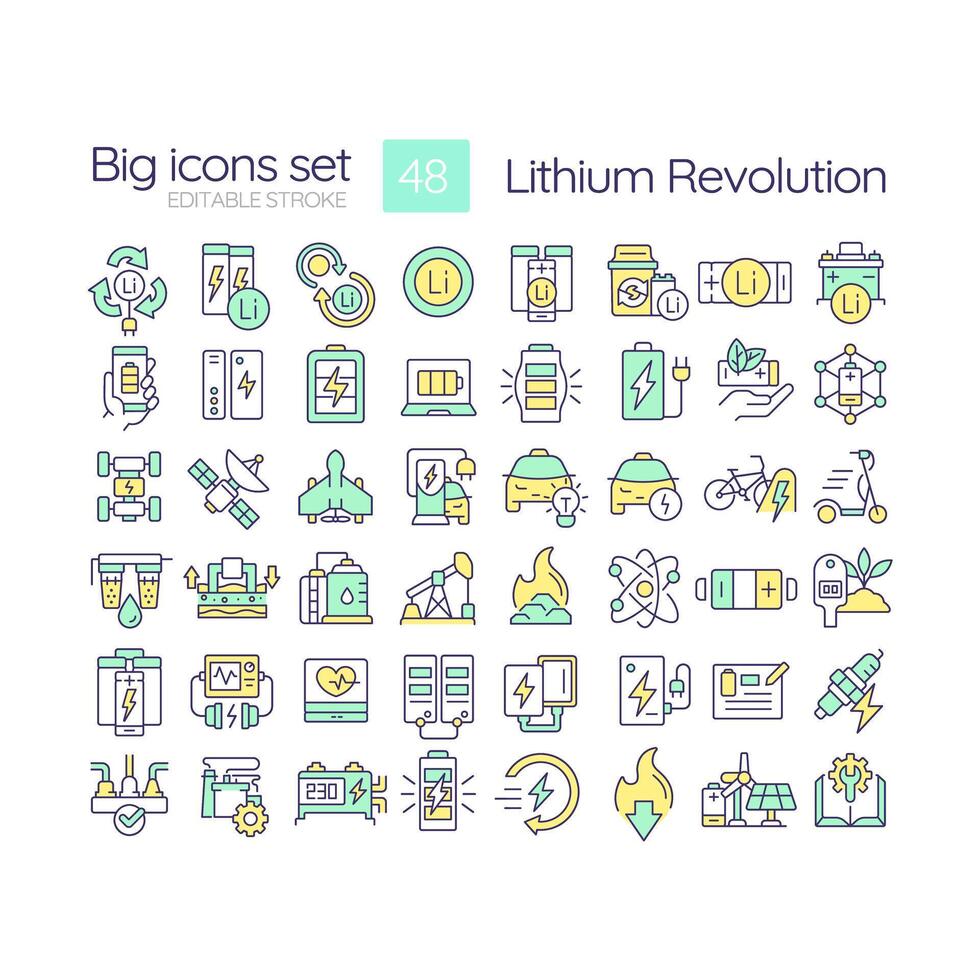 Lithium Revolution rgb Farbe Symbole Satz. Grün Energie Lösung, Dekarbonisierung. Verbraucher tragbar Elektronik. isoliert Illustrationen. einfach gefüllt Linie Zeichnungen Sammlung. editierbar Schlaganfall vektor