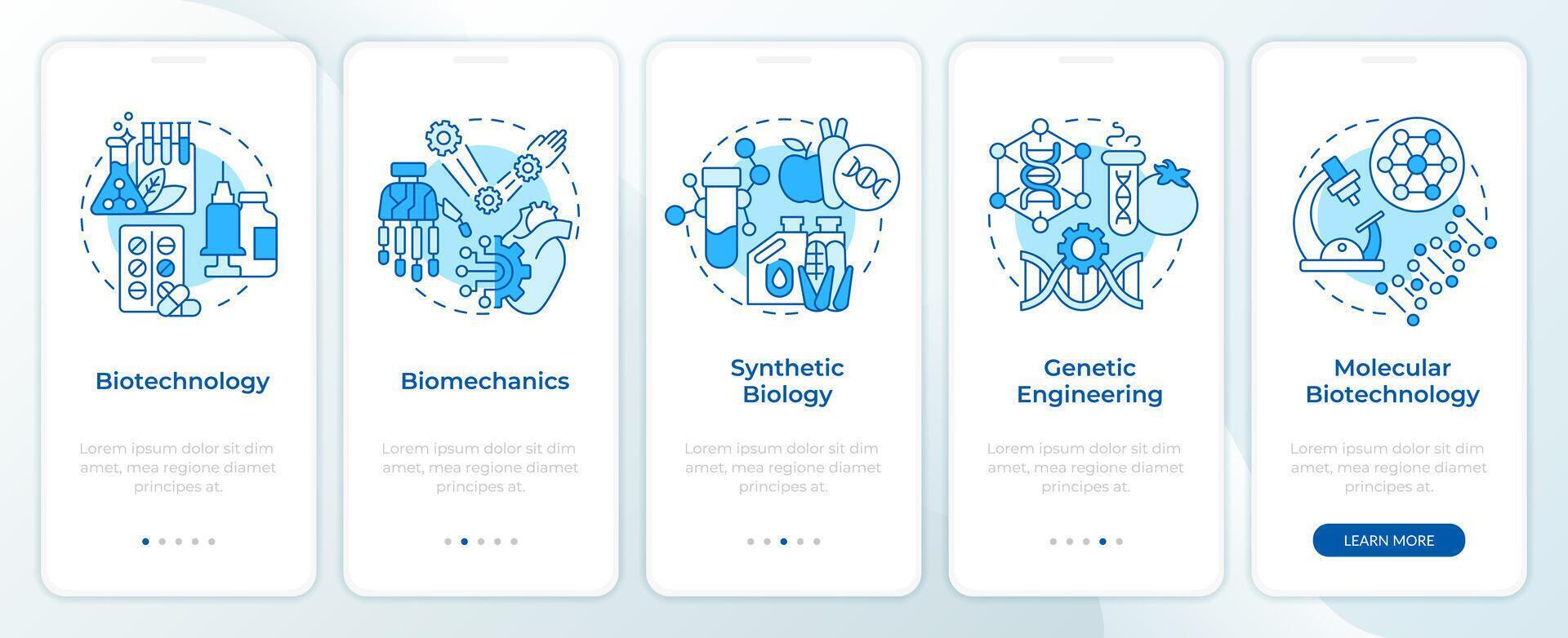 Leben Wissenschaften Technologien Blau Onboarding Handy, Mobiltelefon App Bildschirm. Komplettlösung 5 Schritte editierbar Grafik Anleitung mit linear Konzepte. ui, ux, gui Vorlage. montserrat halbfett, regulär Schriftarten benutzt vektor