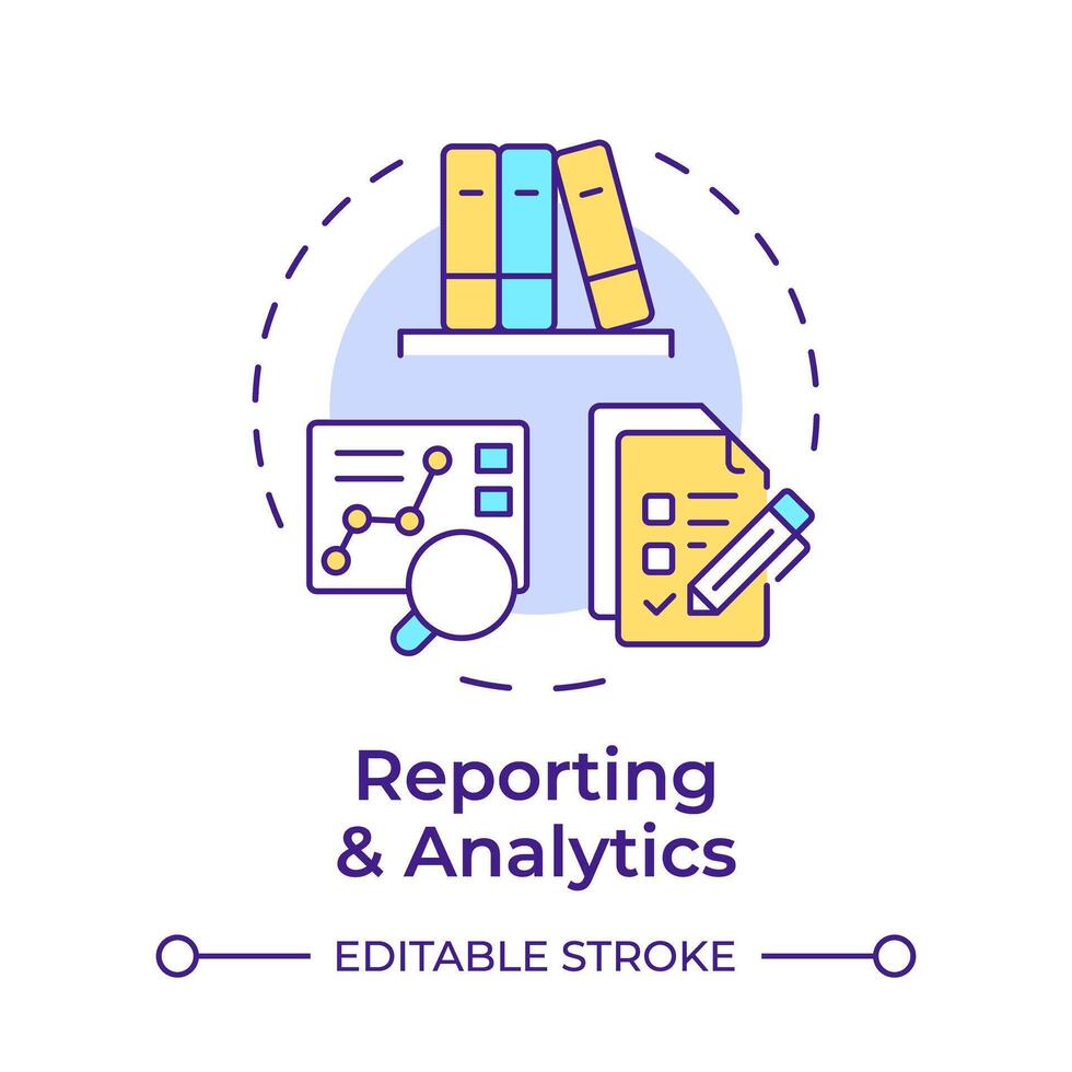 rapportering och analys mång Färg begrepp ikon. kund service, analytisk verktyg. prestanda spårning. runda form linje illustration. abstrakt aning. grafisk design. lätt till använda sig av i infographic vektor