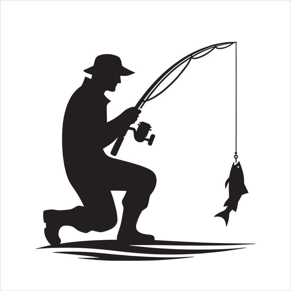 ein Fischer gefangen ein Fisch Silhouette vektor